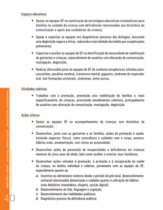 Espaços educativos
                                                                                                                              •	 Apoiar as equipes SF na construção de estratégias educativas sistemáticas para
                                                                                                                                 famílias no cuidado da criança com deficiências relacionadas aos distúrbios da
                                                                                                                                 comunicação e apoio aos cuidadores da criança;
                                                                                                                              •	 Apoiar e capacitar as equipes nos diagnósticos precoces das disfagias, buscando
                                                                                                                                 uma deglutição segura e eficaz, reduzindo a mortalidade dos bebês por complicações
                                                                                                                                 pulmonares;
                                                                                                                              •	 Capacitar e auxiliar as equipes de SF na identificação de necessidade de reabilitação
                                                                                                                                 de gestantes e crianças, especialmente de usuários com alteração de comunicação,
                                                                                                                                 mastigação, deglutição;
                                                                                                                              •	 Realizar discussões junto às equipes de SF de condutas terapêuticas voltadas para:
                                                                                                                                 convulsões, paralisia cerebral, transtorno mental, gagueira, síndrome do respirador
                                                                                                                                 oral, mal formações orofaciais, síndromes, entre outras.

                                                                                                                      Atividades coletivas
MINISTÉRIO da SAÚDE / Secretaria de Atenção à Saúde / Departamento de Atenção Básica




                                                                                                                              •	 Trabalhar com a promoção, prevenção e/ou reabilitação de famílias e, mais
                                                                                                                                 especificamente, de crianças, priorizando atendimentos coletivos, principalmente
                                                                                                                                 de usuários com alteração de comunicação, mastigação, deglutição.

                                                                                                                      Ações clínicas
                                                                                                                              •	 Apoiar as equipes SF no acompanhamento de crianças com distúrbios de
                                                                                                                                 comunicação;
                                                                                                                              •	 Desenvolver, junto com as gestantes e as famílias, ações de promoção à saúde,
                                                                                                                                 incluindo aspectos físicos, como consciência e cuidados com o corpo, postura,
                                                                                                                                 hábitos orais, amamentação, com vistas ao autocuidado;
                                                                                                                              •	 Desenvolver ações de prevenção de incapacidades e deficiências em crianças
                                                                                 Núcleo de Apoio a Saúde da Família




                                                                                                                                 menores de cinco anos de idade, bem como acolher e orientar seus familiares;
                                                                                                                              •	 Desenvolver ações voltadas à promoção, à proteção e à recuperação da saúde
                                                                                                                                 da criança, no âmbito individual e coletivo, juntamente com as equipes de SF,
                                                                                                                                 especialmente quanto ao:
                                                                                                                                 a) Incentivo ao aleitamento materno desde o período de pré-natal, desenvolvimento
                                                                                                                                    orofacial relacionadoà alimentação e cuidados quanto à utilização de hábitos
                                                                                                                                    orais deletérios (mamadeira, chupeta, sucção digital);
                                                                                                                                 b) Desenvolvimento da fala, linguagem e cognição;

40
                                                                                                                                 c) Desenvolvimento das habilidades auditivas;
                                                                                                                                 d) Diagnóstico precoce da deficiência auditiva;
 