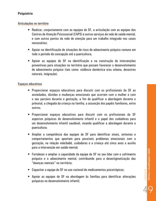 Psiquiatria

Articulações no território
        •	 Realizar, conjuntamente com as equipes de SF, a articulação com as equipes dos
           Centros de Atenção Psicossocial (CAPS) e outros serviços da rede de saúde mental,
           e com outros pontos da rede de atenção para um trabalho integrado nos casos
           necessários;
        •	 Apoiar na identificação de situações de risco de adoecimento psíquico comuns em
           todo o período da concepção até a puericultura,
        •	 Apoiar as equipes de SF na identificação e na construção de intervenções
           preventivas para situações no território que possam favorecer o desenvolvimento
           de adoecimento psíquico (tais como: violência doméstica e/ou urbana, desastres
           naturais, imigração).

Espaços educativos
        •	 Proporcionar espaços educativos para discutir com os profissionais da SF as
           ansiedades, dúvidas e mudanças emocionais que ocorrem com a mulher e com
           o seu parceiro durante a gestação, a fim de qualificar a abordagem durante o
           prénatal, a chegada da criança na família, a assunção dos papéis familiares, entre
           outros;
        •	 Proporcionar espaços educativos para discutir com os profissionais da SF
           aspectos psíquicos do desenvolvimento infantil e o papel dos cuidadores para
           um desenvolvimento infantil saudável, visando qualificar a abordagem durante a
           puericultura;
        •	 Ampliar a competência das equipes de SF para identificar sinais, sintomas e
           comportamentos que apontam para possíveis problemas emocionais com a
           gestação, na relação mãe/bebê, cuidadores e a criança até cinco anos e auxílio
           para a intervenção em saúde mental;                                                                 Of icina de Qualificação do NASF

        •	 Fortalecer e ampliar a capacidade da equipe de SF no seu lidar com o sofrimento
           psíquico e o adoecimento mental, contribuindo para a desestigmatização das
           “doenças mentais” no território;
        •	 Capacitar a equipe de SF no uso racional de medicamentos psicotrópicos;
                                                                                                Capítulo III




        •	 Apoiar as equipes de SF na abordagem às famílias para identificar alterações
           psíquicas no desenvolvimento infantil;

                                                                                                49
 