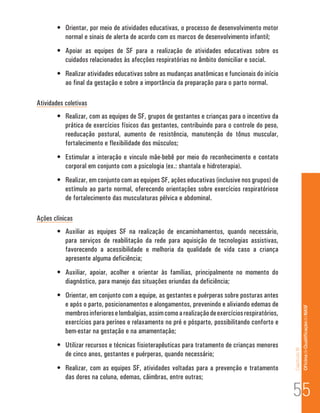 •	 Orientar, por meio de atividades educativas, o processo de desenvolvimento motor
           normal e sinais de alerta de acordo com os marcos de desenvolvimento infantil;
        •	 Apoiar as equipes de SF para a realização de atividades educativas sobre os
           cuidados relacionados às afecções respiratórias no âmbito domiciliar e social.
        •	 Realizar atividades educativas sobre as mudanças anatômicas e funcionais do início
           ao final da gestação e sobre a importância da preparação para o parto normal.

Atividades coletivas
        •	 Realizar, com as equipes de SF, grupos de gestantes e crianças para o incentivo da
           prática de exercícios físicos das gestantes, contribuindo para o controle do peso,
           reeducação postural, aumento de resistência, manutenção do tônus muscular,
           fortalecimento e flexibilidade dos músculos;
        •	 Estimular a interação e vinculo mãe-bebê por meio do reconhecimento e contato
           corporal em conjunto com a psicologia (ex.: shantala e hidroterapia).
        •	 Realizar, em conjunto com as equipes SF, ações educativas (inclusive nos grupos) de
           estímulo ao parto normal, oferecendo orientações sobre exercícios respiratóriose
           de fortalecimento das musculaturas pélvica e abdominal.

Ações clínicas
        •	 Auxiliar as equipes SF na realização de encaminhamentos, quando necessário,
           para serviços de reabilitação da rede para aquisição de tecnologias assistivas,
           favorecendo a acessibilidade e melhoria da qualidade de vida caso a criança
           apresente alguma deficiência;
        •	 Auxiliar, apoiar, acolher e orientar às famílias, principalmente no momento do
           diagnóstico, para manejo das situações oriundas da deficiência;
        •	 Orientar, em conjunto com a equipe, as gestantes e puérperas sobre posturas antes
           e após o parto, posicionamentos e alongamentos, prevenindo e aliviando edemas de                       Of icina de Qualificação do NASF
           membros inferiores e lombalgias, assim como a realização de exercícios respiratórios,
           exercícios para períneo e relaxamento no pré e pósparto, possibilitando conforto e
           bem-estar na gestação e na amamentação;
        •	 Utilizar recursos e técnicas fisioterapêuticas para tratamento de crianças menores
                                                                                                   Capítulo III




           de cinco anos, gestantes e puérperas, quando necessário;
        •	 Realizar, com as equipes SF, atividades voltadas para a prevenção e tratamento
           das dores na coluna, edemas, câimbras, entre outras;

                                                                                                   55
 