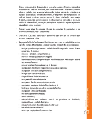 Criança e no prontuário, de avaliação do peso, altura, desenvolvimento, vacinação e
   intercorrências, o estado nutricional, bem como orientações à mãe/família/cuidador
   sobre os cuidados com a criança (alimentação, higiene, vacinação, estimulação e
   aspectos psicoafetivos) em todo atendimento. O seguimento da criança deverá ser
   realizado visando estreitar e manter o vínculo da criança e da família com o serviço
   de saúde, propiciando oportunidades de abordagem para a promoção da saúde, de
   hábitos de vida saudáveis, vacinação, prevenção de problemas e agravos e provendo
   o cuidado em tempo oportuno;
•	 Realizar busca ativa de crianças faltosas às consultas de puericultura e de
   acompanhamento do peso e crescimento;
•	 Orientar os ACS para a identificação de menores de 5 anos em seu território sem
   acesso a serviços de saúde;
•	 A equipe de Saúde da Família deverá identificar a criança com risco adquirido/associado
   e prestar atenção diferenciada e ações de vigilância em saúde dos seguintes casos:
   -   crianças que não compareceram à unidade de saúde na primeira semana de vida
       para o teste do pezinho;
   -   menor de 1 ano sem acompanhamento;
   -   menor de 6 meses que não mama no peito;
   -   desnutrido ou criança com ganho de peso insuficiente ou com perda de peso recente
       sem acompanhamento;
   -   egresso hospitalar (prioridade para o < 5 anos);
   -   crianças com atendimento freqüente em serviços de urgências;
   -   criança com asma sem acompanhamento;
   -   crianças com vacinas em atraso;
   -   riança vítima de violência doméstica;
   -   criança explicitamente indesejada;
   -   criança com diarréia persistente ou recorrente;
   -   criança com anemia ou sinais de hipovitaminose A;
   -   história de desnutrição nas outras crianças da família;                                              Of icina de Qualificação do NASF

   -   criança com sobrepeso/obesidade;
   -   mãe sem suporte familiar/social;
   -   família sem renda;
   -   mãe/pai/cuidador com problemas mentais ou portadores de deficiência,
                                                                                             Capítulo III




       impossibilitando o cuidado da criança;
   -   mãe/pai/cuidador em dependência de álcool/drogas;
   -   mãe adolescente e analfabeta;

                                                                                             63
   -   outros que a equipe identifique como risco.
 