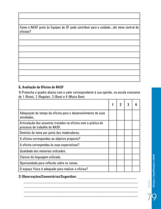 Como o NASF junto às Equipes de SF pode contribuir para o cuidado...(do tema central da
oficina)?




G. Avaliação da Oficina do NASF
1) Preencha o quadro abaixo com o valor correspondente à sua opinião, na escala crescente
de 1 (Ruim), 2 (Regular), 3 (Bom) e 4 (Muito Bom)

                                                                    1     2    3     4

Adequação do tempo da oficina para o desenvolvimento de suas
atividades.
Articulação dos assuntos tratados na oficina com a prática do
processo de trabalho do NASF.
Domínio do tema por parte dos moderadores.
A oficina correspondeu ao objetivo proposto?
A oficina correspondeu às suas expectativas?
Qualidade dos materiais utilizados.
                                                                                                     Of icina de Qualificação do NASF
Clareza da linguagem utilizada.
Oportunidade para reflexão sobre os temas.
O espaço físico é adequado para realizar a oficina?

2) Observações/Comentários/Sugestões: _______________________________
    ____________________________________________________________
                                                                                            Anexos




    ____________________________________________________________
    ____________________________________________________________
    ____________________________________________________________
                                                                                            79
 