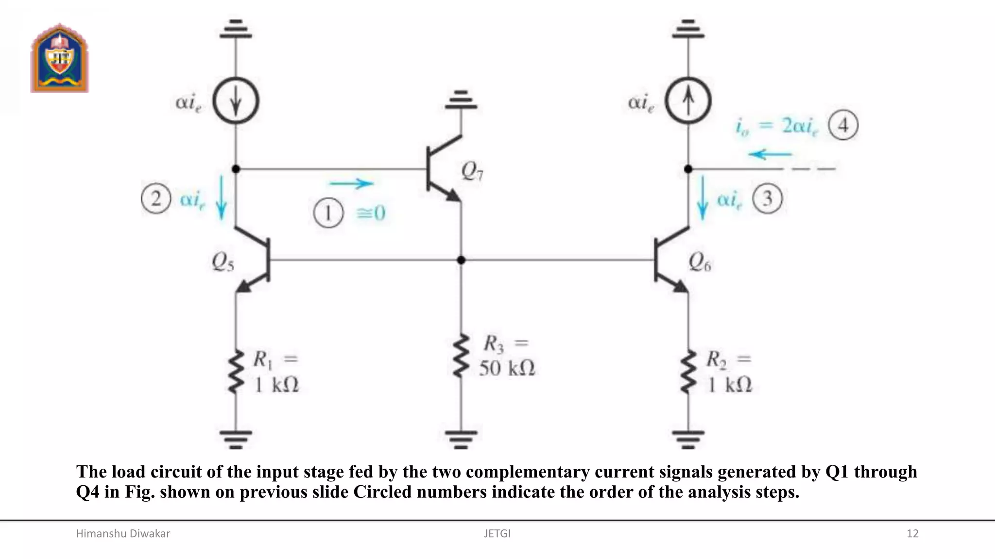 The load circuit of the input stage fed by the two complementary current signals generated by Q1 through
Q4 in Fig. shown on previous slide Circled numbers indicate the order of the analysis steps.
JETGI 12Himanshu Diwakar
 