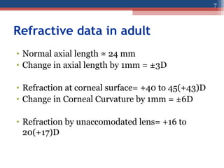Refractive data in adult
• Normal axial length ≈ 24 mm
• Change in axial length by 1mm = ±3D
• Refraction at corneal surface= +40 to 45(+43)D
• Change in Corneal Curvature by 1mm = ±6D
• Refraction by unaccomodated lens= +16 to
20(+17)D
7
 