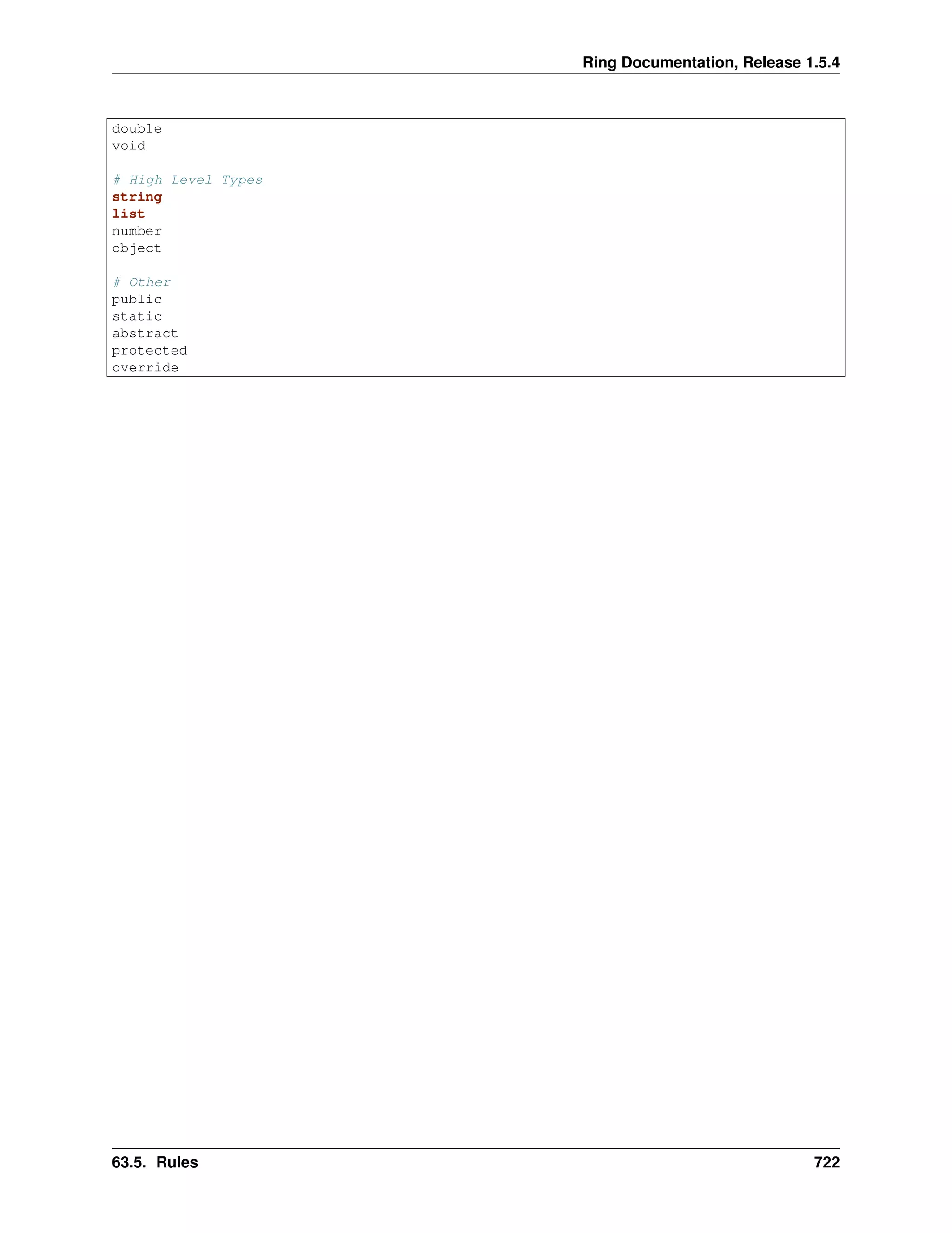 Ring Documentation, Release 1.5.4
double
void
# High Level Types
string
list
number
object
# Other
public
static
abstract
protected
override
63.5. Rules 722
 