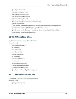 Ring Documentation, Release 1.2
• QJsonObject object(void)
• const char * rawData(int * size)
• void setArray(QJsonArray array)
• void setObject(QJsonObject object)
• QByteArray toBinaryData(void)
• QByteArray toJson(QJsonDocument::JsonFormat format)
• QVariant toVariant(void)
• QJsonDocument fromBinaryData( QByteArray data, QJsonDocument::DataValidation validation)
• QJsonDocument fromJson( QByteArray json, QJsonParseError * error)
• QJsonDocument fromRawData( char * data, int size, QJsonDocument::DataValidation validation)
• QJsonDocument fromVariant( QVariant variant)
62.122 QJsonObject Class
C++ Reference : http://doc.qt.io/qt-5/QJsonObject.html
Parameters : void
• bool contains(QString key)
• int count(void)
• bool empty(void)
• bool isEmpty(void)
• QStringList keys(void)
• int length(void)
• void remove(QString key)
• int size(void)
• QJsonValue take(QString key)
• QVariantMap toVariantMap(void)
• QJsonValue value(QString key)
• QJsonObject fromVariantMap(QVariantMap map)
62.123 QJsonParseError Class
C++ Reference : http://doc.qt.io/qt-5/QJsonParseError.html
Parameters : void
• QString errorString(void)
62.122. QJsonObject Class 726
 