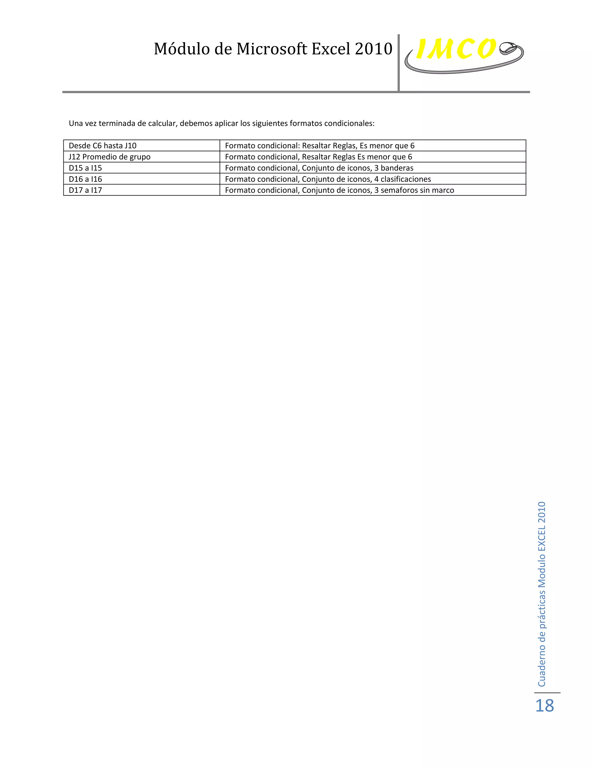 Módulo de Microsoft Excel 2010



Una vez terminada de calcular, debemos aplicar los siguientes formatos condicionales:

Desde C6 hasta J10                         Formato condicional: Resaltar Reglas, Es menor que 6
J12 Promedio de grupo                      Formato condicional, Resaltar Reglas Es menor que 6
D15 a I15                                  Formato condicional, Conjunto de iconos, 3 banderas
D16 a I16                                  Formato condicional, Conjunto de iconos, 4 clasificaciones
D17 a I17                                  Formato condicional, Conjunto de iconos, 3 semaforos sin marco




                                                                                                            Cuaderno de prácticas Modulo EXCEL 2010




                                                                                                            18
 