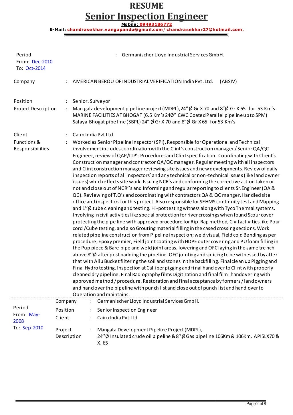 Senior Inspection Engineer V Chandrasekhar RESUME As On 01 12 2014