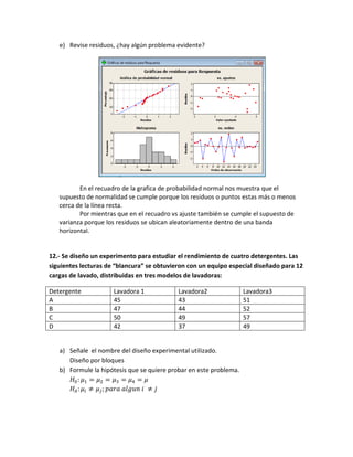 e) Revise residuos, ¿hay algún problema evidente?




          En el recuadro de la grafica de probabilidad normal nos muestra que el
   supuesto de normalidad se cumple porque los residuos o puntos estas más o menos
   cerca de la línea recta.
          Por mientras que en el recuadro vs ajuste también se cumple el supuesto de
   varianza porque los residuos se ubican aleatoriamente dentro de una banda
   horizontal.


12.- Se diseño un experimento para estudiar el rendimiento de cuatro detergentes. Las
siguientes lecturas de “blancura” se obtuvieron con un equipo especial diseñado para 12
cargas de lavado, distribuidas en tres modelos de lavadoras:

Detergente            Lavadora 1            Lavadora2               Lavadora3
A                     45                    43                      51
B                     47                    44                      52
C                     50                    49                      57
D                     42                    37                      49


   a) Señale el nombre del diseño experimental utilizado.
      Diseño por bloques
   b) Formule la hipótesis que se quiere probar en este problema.
 
