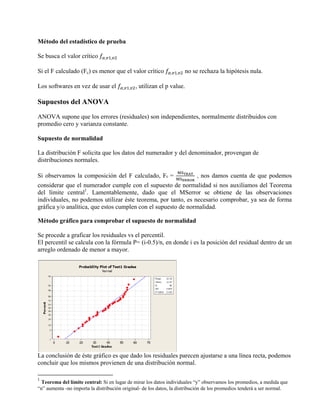 Método del estadístico de prueba

Se busca el valor crítico      ,   ,


Si el F calculado (Fc) es menor que el valor crítico           ,   ,   no se rechaza la hipótesis nula.

Los softwares en vez de usar el         ,   ,   , utilizan el p value.

Supuestos del ANOVA
ANOVA supone que los errores (residuales) son independientes, normalmente distribuidos con
promedio cero y varianza constante.

Supuesto de normalidad

La distribución F solicita que los datos del numerador y del denominador, provengan de
distribuciones normales.
                                                                   MSTRAT
Si observamos la composición del F calculado, Fc =                 MSERROR
                                                                             , nos damos cuenta de que podemos
considerar que el numerador cumple con el supuesto de normalidad si nos auxiliamos del Teorema
del límite central1. Lamentablemente, dado que el MSerror se obtiene de las observaciones
individuales, no podemos utilizar éste teorema, por tanto, es necesario comprobar, ya sea de forma
gráfica y/o analítica, que estos cumplen con el supuesto de normalidad.

Método gráfico para comprobar el supuesto de normalidad

Se procede a graficar los residuales vs el percentil.
El percentil se calcula con la fórmula P= (i-0.5)/n, en donde i es la posición del residual dentro de un
arreglo ordenado de menor a mayor.




La conclusión de éste gráfico es que dado los residuales parecen ajustarse a una línea recta, podemos
concluir que los mismos provienen de una distribución normal.

1
  Teorema del límite central: Si en lugar de mirar los datos individuales “y” observamos los promedios, a medida que
“n” aumenta -no importa la distribución original- de los datos, la distribución de los promedios tenderá a ser normal.
 
 