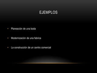 EJEMPLOS


•   Planeación de una boda


•   Modernización de una fabrica


•   La construcción de un centro comercial
 