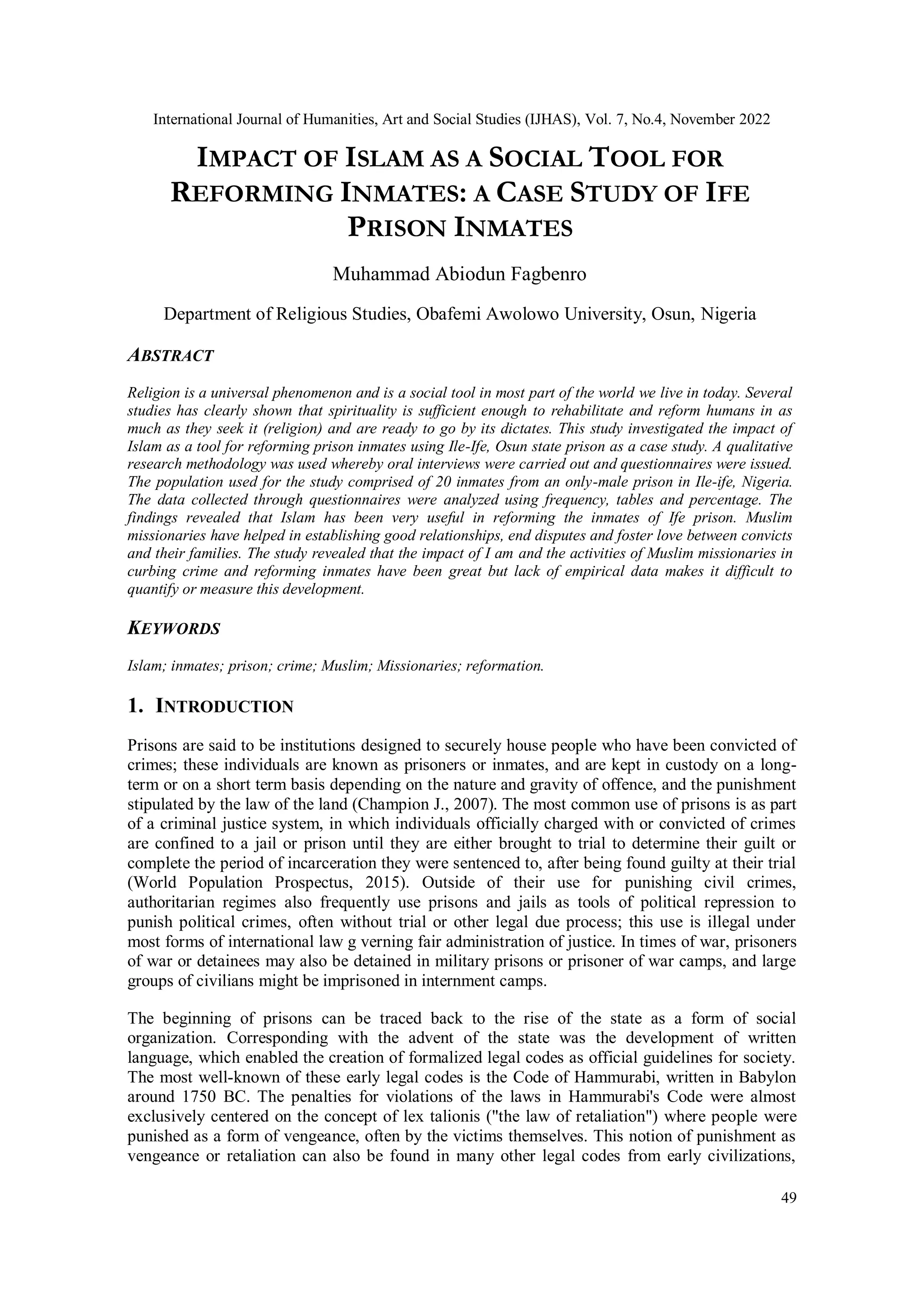 IMPACT OF ISLAM AS A SOCIAL TOOL FOR REFORMING INMATES: A CASE STUDY OF ...