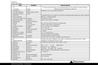 Modelos
ANNA/MEI/MIK
.
.
ITEM MATERIAL
2 HORQUILLA CR-MO
3 GUARDA BARROS ACERO VARILLA INOX.
4 CUBRE CADENAS ACERO
5 PINTURA
6 CALCOMANIA
7 JUEGO DE DIRECCION ALUMINIO
8 CAJA PEDALERA ALUMINIO
9 MANUBRIO ACERO INXOIDABLE
10 STEM ALUMINIO
11 GRIP CUERO VEGETAL
12 PLATO PALANCA ALUMINIO
13 PIÑON ACERO
14 CADENA ACERO INXOIDABLE
15 FRENO ALUMINIO
16 MANIJA DE FRENO ALUMINIO
17 CABLE DE FRENO
18 LLANTA ALUMINIO
19 MAZA DELANTERA ALUMINIO
20
MAZA TRASERA ALUMINIO
21 SHIFTER ALUMINIO
22 PIÑON ACERO
23 RAYOS ACERO INXOIDABLE
25 CUBIERTA CAUCHO
26 CAMARA CAUCHO
28 ASIENTO MONOCHROME
29 CAÑO PORTA SILLAS ALUMINIO
30 RELECTOR
31 TORNILLOS ACERO INOXIDABLE
32 PEDAL ACERO Y ALUMINIO
33 CAMPANITA ACERO
34 PATITA ALUMINIO 26"=235L 700C=250L
700Cx35C
700Cx35C A/V 35MM
ESTRUCTURA DE ACERO INXIDABLE. CUERO VEGETAL
27.2x300x2.2T
ACERO INXOIDABLE
9/16" WELLGO
22.2 3F TEKTRO RX 4.1
F=550X700 DISTINTOS COLORES
14Gx36Hx20MM A/V DOBLE PARED
14Gx36H 3/8"x100x140mm STURMEY ARCHER HBT30-F
STURMEY ARCHER 3 CAMBIOS CON FRENO CONTRAPEDAL MEI SRC3 (II) MIK Y ANNA
SHIMANO CONTRAPEDAL MODELO MEI
14G F / 261 R / 264 BRASS NIPPLE
STURMEY ARCHER MODELO MIK Y ANNA HSJ963
25.4; 22.2 quill; 80mm extention; 30 degree drop;
CUERO 100% VEGETAL ARGENTINO
1/2"x1/8"*46Tx170mm PROWHEEL
1/2"x 1/8"x 18T
1/2"x 1/8"x 96L KMC
F=35MM
CUADRO/HORQUILLA/STEM/PLATO PALANCA/GUARDA BARROS/VARILLAS/CUBRE CADENAS
MODELO + MONOCHROME
22.2x30x27mm NECO
68mm/113mm NECO / SHIMANO
ESPECIFICACION
1
CUADRO CR-MO
TT/DT/ST¢28.6/¢28.6/¢28.6 HT¢ 30/¢34/90L 54cm /125L 58cm /CABLE INTERNO /
EMPIPADO CON SOLDADURA DE BRONCE
EMPIPADO CON SOLDADURA DE BRONCE
/ 26 ‘’ KENDA
/ 26 ‘’ KENDA
ESPECIFICACIONES TECNINCAS
 