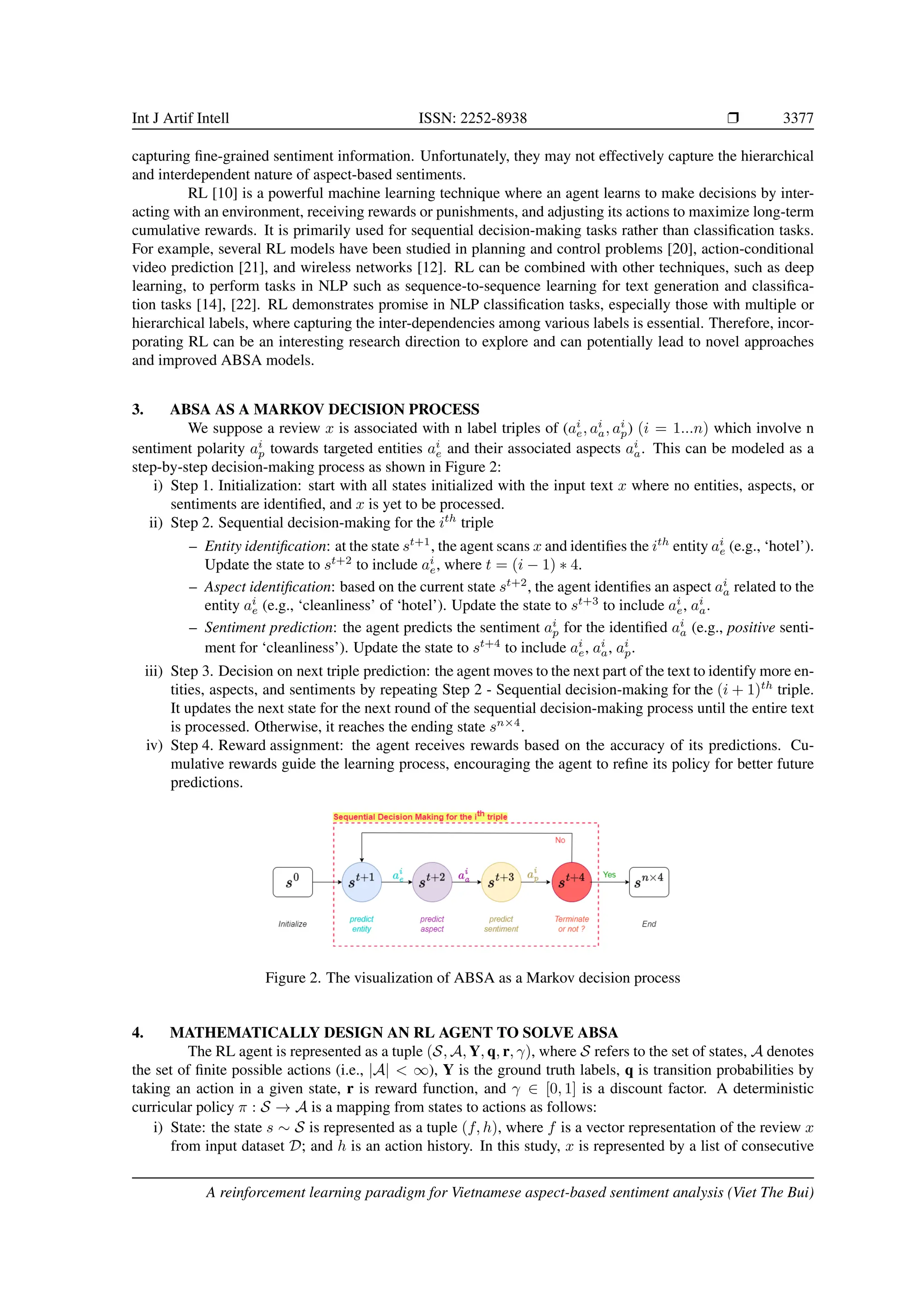 Int J Artif Intell ISSN: 2252-8938 ❒ 3377
capturing fine-grained sentiment information. Unfortunately, they may not effectively capture the hierarchical
and interdependent nature of aspect-based sentiments.
RL [10] is a powerful machine learning technique where an agent learns to make decisions by inter-
acting with an environment, receiving rewards or punishments, and adjusting its actions to maximize long-term
cumulative rewards. It is primarily used for sequential decision-making tasks rather than classification tasks.
For example, several RL models have been studied in planning and control problems [20], action-conditional
video prediction [21], and wireless networks [12]. RL can be combined with other techniques, such as deep
learning, to perform tasks in NLP such as sequence-to-sequence learning for text generation and classifica-
tion tasks [14], [22]. RL demonstrates promise in NLP classification tasks, especially those with multiple or
hierarchical labels, where capturing the inter-dependencies among various labels is essential. Therefore, incor-
porating RL can be an interesting research direction to explore and can potentially lead to novel approaches
and improved ABSA models.
3. ABSA AS A MARKOV DECISION PROCESS
We suppose a review x is associated with n label triples of (ai
e, ai
a, ai
p) (i = 1...n) which involve n
sentiment polarity ai
p towards targeted entities ai
e and their associated aspects ai
a. This can be modeled as a
step-by-step decision-making process as shown in Figure 2:
i) Step 1. Initialization: start with all states initialized with the input text x where no entities, aspects, or
sentiments are identified, and x is yet to be processed.
ii) Step 2. Sequential decision-making for the ith
triple
– Entity identification: at the state st+1
, the agent scans x and identifies the ith
entity ai
e (e.g., ‘hotel’).
Update the state to st+2
to include ai
e, where t = (i − 1) ∗ 4.
– Aspect identification: based on the current state st+2
, the agent identifies an aspect ai
a related to the
entity ai
e (e.g., ‘cleanliness’ of ‘hotel’). Update the state to st+3
to include ai
e, ai
a.
– Sentiment prediction: the agent predicts the sentiment ai
p for the identified ai
a (e.g., positive senti-
ment for ‘cleanliness’). Update the state to st+4
to include ai
e, ai
a, ai
p.
iii) Step 3. Decision on next triple prediction: the agent moves to the next part of the text to identify more en-
tities, aspects, and sentiments by repeating Step 2 - Sequential decision-making for the (i + 1)th
triple.
It updates the next state for the next round of the sequential decision-making process until the entire text
is processed. Otherwise, it reaches the ending state sn×4
.
iv) Step 4. Reward assignment: the agent receives rewards based on the accuracy of its predictions. Cu-
mulative rewards guide the learning process, encouraging the agent to refine its policy for better future
predictions.
Figure 2. The visualization of ABSA as a Markov decision process
4. MATHEMATICALLY DESIGN AN RL AGENT TO SOLVE ABSA
The RL agent is represented as a tuple (S, A, Y, q, r, γ), where S refers to the set of states, A denotes
the set of finite possible actions (i.e., |A| < ∞), Y is the ground truth labels, q is transition probabilities by
taking an action in a given state, r is reward function, and γ ∈ [0, 1] is a discount factor. A deterministic
curricular policy π : S → A is a mapping from states to actions as follows:
i) State: the state s ∼ S is represented as a tuple (f, h), where f is a vector representation of the review x
from input dataset D; and h is an action history. In this study, x is represented by a list of consecutive
A reinforcement learning paradigm for Vietnamese aspect-based sentiment analysis (Viet The Bui)
 
