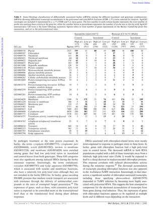 This journal is c The Royal Society of Chemistry 2012 Mol. BioSyst., 2012, 8, 2153–2165 2161
by pathogen treatment at the time points examined. In
barley, the terms cytoplasm (GO:0005737), cytoplasmic part
(GO:0044444), vesicle (GO:0031982), intrinsic to membrane
(GO:0031224), and membrane (GO:0016020) were enriched
among genes that had low poly/total ratios in inoculated
and control leaves from both genotypes. These GO categories
were also signiﬁcant among induced DEGs during the barley
resistance response. Interestingly, the terms endoplasmic
reticulum (GO:0005783) and Golgi apparatus (GO:0005794),
which is associated with vesicles and membrane functions,
also have a relatively low poly/total ratio although they are
not enriched in the barley DEG list. In barley, genes encoding
SNARE proteins that mediate vesicle transport are associated
with resistance through the delivery of antimicrobial com-
pounds at the sites of attempted fungal penetration.48
The
expression of genes, such as these, with consistent poly/total
ratios is expected to be controlled more at the transcriptional
level than at the translational level during plant defense
responses.
DEGs annotated with chloroplast-related terms were mostly
down-regulated in response to pathogen stress in these hosts. In
barley, genes with chloroplast function had a high poly/total
ratio in control leaves. The decreased mRNA in both RNA
populations coupled with a shift of these transcripts away from a
relatively high poly/total ratio (Table 3) would be expected to
lead to a sharp decrease in nuclear-encoded chloroplast proteins.
This response correlates with reduced photosynthetic activity
during the resistance response.49
The decreased accumulation
of transcripts encoding chloroplast functions was also apparent
in the Arabidopsis-TuMV interaction. Interestingly in that inter-
action, a signiﬁcant number of chloroplast associated transcripts,
including those specifying photosynthesis (GO:0015979)
responded to TuMV infection by becoming more highly asso-
ciated with polysomal RNA. This suggests the host attempted to
compensate for the decreased accumulation of transcripts from
these genes during viral infection. Thus, the expression of genes
with chloroplast functions appears to be regulated at multiple
levels and in diﬀerent ways depending on the interaction.
Table 3 Gene Ontology classiﬁcation of diﬀerentially associated barley mRNAs among the diﬀerent treatment and genotype combinations.
mRNAs showing diﬀerential transcript accumulation in the polysomal and total RNA fractions (FDR r5%) were selected for analysis. AgriGO
ontologies are included if represented by a r1% FDR and 5 or more genes. The ﬁrst number in each column header represents the total number of
probe sets meeting these criteria in the gene list, while the number below in parentheses represents the number of probe sets in this list with AgriGO
annotation(s). GO term is the Gene Ontology accession, bgitem refers to total number of genes represented on the Barley1 GeneChip given this
annotation, and p/t is the polysomal/total ratio
GO_acc Term Bgitem
Susceptible (mla6-m9472) Resistant [CI 16151 (Mla6)]
Control Inoculated Control Inoculated
High p/t Low p/t High p/t Low p/t High p/t Low p/t High p/t Low p/t
1178
(897)
1204
(911)
424
(358)
458
(322)
1505
(1256)
1098
(797)
529
(445)
923
(717)
GO:0009536 Plastid 1921 195 52 80 19 288 38 100 34
GO:0009507 Chloroplast 164 25 2 7 0 37 2 13 0
GO:0009579 Thylakoid 115 20 0 7 0 36 0 10 0
GO:0042651 Thylakoid membrane 64 14 0 0 0 23 0 7 0
GO:0044422 Organelle part 358 42 9 10 0 56 4 15 0
GO:0044435 Plastid part 103 19 1 5 0 28 1 9 0
GO:0031090 Organelle membrane 128 16 5 5 0 28 0 8 0
GO:0043234 Protein complex 223 19 7 10 0 34 3 15 0
GO:0005996 Monosaccharide metabolic process 12 3 1 2 0 6 0 5 2
GO:0006006 glucose metabolic process 10 3 0 2 0 6 0 5 0
GO:0006066 Alcohol metabolic process 16 3 3 2 0 6 0 5 0
GO:0044262 Cellular carbohydrate metabolic process 25 5 3 2 0 7 0 6 0
GO:0016469 Proton-transporting two-sector ATPase
complex
33 6 2 3 0 11 0 6 0
GO:0033178 Proton-transporting two-sector ATPase
complex, catalytic domain
19 5 1 2 0 7 0 5 0
GO:0045259 Proton-transporting ATP synthase
complex
24 5 0 3 0 9 0 6 0
GO:0045261 Proton-transporting ATP synthase
complex, catalytic core F(1)
14 4 0 2 0 6 0 5 0
GO:0016020 Membrane 1509 78 175 21 74 107 176 32 199
GO:0031224 Intrinsic to membrane 246 8 32 1 18 11 33 1 31
GO:0044425 Membrane part 318 15 38 5 18 24 33 7 32
GO:0031982 Vesicle 1727 44 252 13 89 54 221 15 194
GO:0005623 Cell 7408 432 580 190 198 615 496 221 476
GO:0044444 Cytoplasmic part 4920 294 383 137 133 429 318 152 290
GO:0005737 Cytoplasm 5538 322 427 161 139 483 348 178 321
GO:0016757 Transferase activity, transferring glycosyl
groups
136 5 12 3 13 6 20 1 18
GO:0016762 xyloglucan:xyloglucosyl transferase
activity
21 0 7 0 7 0 8 0 5
GO:0006810 Transport 468 14 41 8 16 27 39 8 42
GO:0005215 Transporter activity 362 15 36 6 17 20 31 3 42
GO:0005783 Endoplasmic reticulum 68 0 19 1 5 1 10 0 12
GO:0005794 Golgi apparatus 75 2 11 2 4 4 13 0 10
Publishedon04May2012.DownloadedbyUniversityofWisconsin-Madisonon12/03/201416:14:04. View Article Online
 