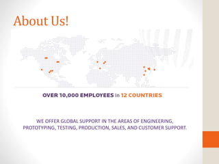 About Us!
WE OFFER GLOBAL SUPPORT IN THE AREAS OF ENGINEERING,
PROTOTYPING, TESTING, PRODUCTION, SALES, AND CUSTOMER SUPPORT.
 