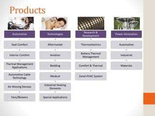 Products
Automotive
Seat Comfort
Interior Comfort
Thermal Management
Applications
Automotive Cable
Technology
Air Moving Devises
Fans/Blowers
Technologies
Aftermarket
Aviation
Bedding
Medical
Industrial Heating
Elements
Special Applications
Research &
Development
Thermoelectrics
Battery Thermal
Management
Comfort & Thermal
Zonal HVAC System
Power Generation
Automotive
Industrial
Materials
 