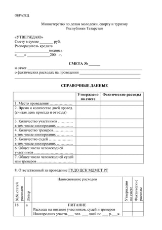 ОБРАЗЕЦ
Министерство по делам молодежи, спорту и туризму
Республики Татарстан
«УТВЕРЖДАЮ»
Смету в сумме _______ руб.
Распорядитель кредита
__________________подпись
«____» ____________200 г.
СМЕТА № ______
и отчет ____________________________________________________________
о фактических расходах на проведении ________________________________
__________________________________________________________________
СПРАВОЧНЫЕ ДАННЫЕ
Утверждено
по смете
Фактические расходы
1. Место проведения ………………
2. Время и количество дней провед.
(считая день приезда и отъезда)
3. Количество участников …………
в том числе иногородних ………….
4. Количество тренеров…………….
в том числе иногородних ………….
5. Количество судей ……………….
в том числе иногородних ………….
6. Общее число человекодней
участников ………………………….
7. Общее число человекодней судей
или тренеров ………………………..
8. Ответственный за проведение ГУДО ЦСК МДМСТ РТ
№№статей
расходов
Литер
Наименование расходов
Утверждено
посмете
Фактические
расходы
18 а ПИТАНИЕ
Расходы на питание участников, судей и тренеров
Иногородних участн.___ чел. ___ дней по ___ р.___к.
Copyright ОАО «ЦКБ «БИБКОМ» & ООО «Aгентство Kнига-Cервис»
 