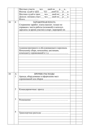 Местных участн. ___ чел. ___ дней по ___ р.___к.,
Иногор. судей и трен. ___ чел. ___дней по___ р.___к.
Местных судей и трен.___ чел.___ дней по___р.___к.
Дополн. питание участ.___чел.___ дней по___р.___к.
Итого……………….
18 б ЗАРАБОТНАЯ ПЛАТА
Сохранение заработ. платы выплач. только по
справкам с места работы (основной) о неполуч.
зарплаты за время участия в спорт. мероприят-ях
Административного и обслуживающего персонала.
Начальнику сбора, начальнику дистанции,
коменданту соревнований и т.д. ……………………..
18 А
1
2
3
4
ПРОЧИЕ РАСХОДЫ
Аренда, оборудование и оформление мест
соревнований или сборов …………………………….
Командировочные: проезд ……………………………
Размещение: …………………………………………..
Транспортные расходы ……………………………….
Copyright ОАО «ЦКБ «БИБКОМ» & ООО «Aгентство Kнига-Cервис»
 