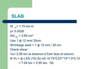 SLAB
M –ve= 1.75 ton.m
ρ= 0.0028
Ast top = 3.66 cm2
Use 1 ф 12 mm/ 25cm
Shrinkage steel = 1 ф 12 mm / 30 cm
Check shear :
Vu= 2.95 ton at distance d from face of column.
Ф Vc = ф (.53) (10) (b) (d) =0.75*0.53**10*1.0*0.12
= 7.54 ton > 2.95 ton. Ok
 