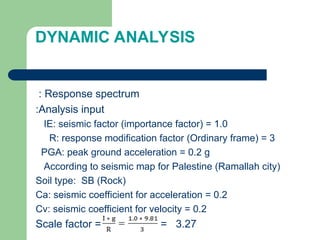 DYNAMIC ANALYSIS
Response spectrum
:
Analysis input
:
IE: seismic factor (importance factor) = 1.0
R: response modification factor (Ordinary frame) = 3
PGA: peak ground acceleration = 0.2 g
According to seismic map for Palestine (Ramallah city)
Soil type: SB (Rock)
Ca: seismic coefficient for acceleration = 0.2
Cv: seismic coefficient for velocity = 0.2
Scale factor = = 3.27
 