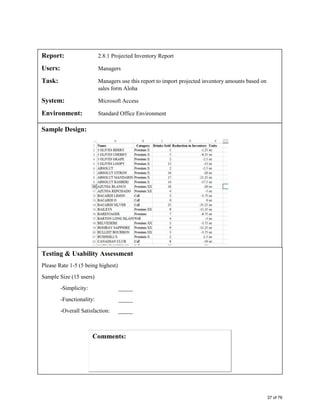 Report: 2.8.1 Projected Inventory Report
Users: Managers
Task: Managers use this report to import projected inventory amounts based on
sales form Aloha
System: Microsoft Access
Environment: Standard Office Environment
Sample Design:
Testing & Usability Assessment
Please Rate 1-5 (5 being highest)
Sample Size (15 users)
-Simplicity: _____
-Functionality: _____
-Overall Satisfaction: _____
37 of 76
 