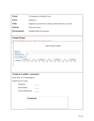 Form: 4.4 Employee Availability Form
Users: Employees
Task: Employees use this form to indicate which shifts they can work.
System: Microsoft Access
Environment: Standard Office Environment
Sample Design:
Testing & Usability Assessment
Please Rate 1-5 (5 being highest)
Sample Size (15 users)
-Simplicity: _____
-Functionality: _____
-Overall Satisfaction: _____
55 of 76
 