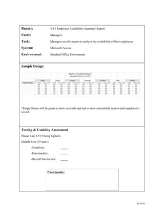 Report: 4.4.1 Employee Availability Summary Report
Users: Managers
Task: Managers use this report to analyze the availability of their employees
System: Microsoft Access
Environment: Standard Office Environment
Sample Design:
*Empty Boxes will be green to show available and red to show unavailable next to each employee’s
record.
Testing & Usability Assessment
Please Rate 1-5 (5 being highest)
Sample Size (15 users)
-Simplicity: _____
-Functionality: _____
-Overall Satisfaction: _____
57 of 76
 