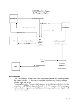  
 
 
External Entities 
● POS:  The Aloha Point of Sale System tracks and can export detailed sales and sales projection 
data to the system. The POS also receives pricing data from the system in order to calculate 
sales and output sales reports.  
● Accounting Department: The Accounting Department specifies daily prices for import into the 
system for use in TABC Reporting, and ultimately for the POS system as well. Accounting also 
receives a Variance Report to reconcile differences between projected inventory depletion and 
actual inventory depletion.  
59 of 76
 