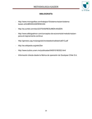 METODOLOGIA KAIZEN
20
BIBLIOGRAFÍA
- http://www.monografias.com/trabajos15/sistema-kaizen/sistema-
kaizen.shtml#SISSUGERENCIAS
- http://es.scribd.com/doc/22375436/RESUMEN-KAIZEN
- http://www.elblogsalmon.com/conceptos-de-economia/el-metodo-kaizen-
para-el-mejoramiento-continuo
- http://genesis.uag.mx/posgrado/revistaelect/calidad/cal012.pdf
- http://es.wikipedia.org/wiki/Zen
- http://www.tuobra.unam.mx/publicadas/040816180352.html
- Información directa desde la fábrica de operación de Goodyear Chile S.A.
 