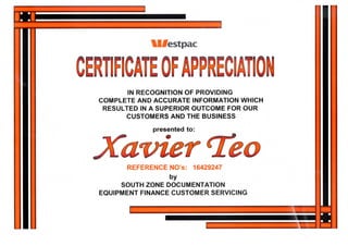 Certificate of Appreciation - Westpac