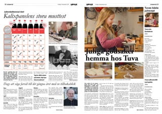 Julspecial 23Fredag 18 december 2015LOKALIX22 Julspecial Fredag 18 december 2015 LOKALIX
Kalixpanelens stora musttest
Så här i juletider finns det
många olika julmust i bu-
tikerna. Är det någon skill-
nad på dem, och i så fall vil-
ken är egentligen godast?
Fem Kalixbor testade sex
olika sorter för att se vilken
de tycker bäst om.
Har du en favoritmust som du tro-
get köper år efter år, eller tar du den
första bästa i butiken?
Våra testare gör lite olika, men
de flesta tar helt enkelt vilken som
helst. Jag har alltid, nästan patrio-
tiskt, köpt Apotekarnes julmust. Jag
blev förvånad att inte just den stod
som en självklar segrare i testet.
Panelen har hittat nya favoriter och
jag får kanske testa något nytt i år…
Utan att veta vilken must som är
vilken har testpanelen smakat och
utvärderat de olika sorterna. Smak,
fyllighet och kolsyra är några av
de saker som de har tänkt på under
testet. Till en början var panelen
överens om att det var jättesvårt att
känna någon större skillnad på de
olika musterna. Hade vi hällt upp
samma i alla sex glas? Nej då, och
efter noga smakande och luktande
kändes vissa skillnader..
Minea Sandström
TEST
Johan Fors,
Kock
Gerd Eriksson,
Pensionär
Anton Wallin,
Restaurangchef
Milo Durvall,
Skolungdom
Kjell Linde,
Rektor
PANELEN
TYCKER:
Nygårda
Light
Apotek-
arnes
Premier ICA Coop
BÄST
I TEST
SÄMST
2p 4p 2p 3p 4p2p
1p 2p 2p 2p 4p5p
2p 3p 4p 2p 5p4p
2p 1p 3p 3p 2p5p
4p 4p 3p
14p
5p3p
SÄM
ST!
SÄM
ST!
SÄM
ST!
SÄM
ST!
SÄM
ST!
BÄST!
BÄST!
BÄST!
BÄST!
BÄST!
Nygårda
11p
4p
14p 14p 19p 20p
”Konstig
smak”
”Tunn”
”Bra
sötma”
”Frisk”
”Känns
lagrad”
”Smaklös”
”Helt okej ” ”Mjuk och
rund”
”Balanserad”
”Bäst till
julmat”
SUMMA:
Vilken must får högst betyg? Testpanelen funderar.
FOTO: ELIN CARLANSSON
Doft och smak är viktigt! Anton Wallin är noggrann.
FOTO: EMMA TERLING
”Jagharalltid,nästan
patriotiskt, köptApo-
tekarnesjulmust.”
INGREDIENSER:
200 g vit choklad
0,5 g saffran
1 dl vispgrädde
skal från en apelsin
40 g smör
ca 1 dl florsocker
GÖR SÅ HÄR:
1. Hacka chokladen
2. Riv apelsinskal (inte det vita) i
grädde och låt koka upp.
3.Sila bort skalet, lägg i saffran och
choklad. Rör om och klicka i smö-
ret.
4. Låt kallna i kylskåp ca 2 -3 tim-
mar.
5. Ta upp en klick smet med en te-
sked och rulla snabbt små runda
tryfflar, rulla sedan i florsocker.
Tuvassöta
limebiskvier
10st
INGREDIENSER:
BOTTNAR
140 g mandelmassa
5 msk strösocker
1 äggvita
SMÖRKRÄM
150 g smör, rumstempererat
3 dl florsocker
3 tsk vaniljsocker
1 st äggula
1-2 lime, saft och ev skal
grön karamellfärg
vit choklad, mörk choklad
GÖR SÅ HÄR:
1. Sätt ugnen på 190 grader.
2. Riv mandelmassan på ett rivjä-
rn och blanda med sockret. Blanda
i äggvita pö om pö så att den blir
klumpfri. Spritsa ut bottnar ca 3 cm
i diameter.
3. Grädda i mitten av ugnen ca 10
minuter.
4. Vispa smör, florsocker och vanil-
socker luftigt. Vispa ner äggulan.
Smaksätt med limesaft och ev skal,
färga grön om du vill.
5. Lägg på smörkräm på de avsval-
nade bottnarna. Kyl biskvierna med
smörkräm innan de doppas i den
smälta chokladen.
6. Smält den vita chokladen, doppa
biskvierna snabbt. Låt dem svalna
och smält den mörka chokladen, gör
Tuvassaffranstryffel
medapelsin
20st
Hon sökte till ett matpro-
gram men kom med i ett
bakprogram i stället. Men
egentligen vill hon bli bon-
de. Lokalix har träffat den
mångsysslande Tuva Nord-
mark som delar med sig av
jultips och saffranspraliner.
Tuva Nordmark är i full färd med att
baka biskvier. Tricket, berättar hon,
är att låta smörkrämen stelna i fry-
sen ordentligt innan man garnerar
med choklad. Annars finns det risk
att de blir ”rinnigt”.
Medan biskvierna står på kylning
bjuder Tuva på en av sina julspecia-
liteter – saffranspralin med vit chok-
lad och apelsin.
I början av sommaren var Tuva i
Stockholm och spelade in program-
met Hela Sverige bakar-Junior. Ett
tävlingsprogram som hon egentli-
gen inte sökte till. TV4 sökte upp
henne.
– Jag sökte först till Sveriges mäs-
terkock-Junior, men kom inte med
första gången. Men jag kom med
året efter, fast då tackade jag nej. Se-
dan ringde de och frågade från Hela
Sverige-bakar. Då tackade jag ja.
Tuva berättar att hon först var lite
tveksam till att vara med i TV-pro-
grammet eftersom nivån verkade
vara väldigt hög. I efterhand är hon
glad att det blev som det blev.
– Det var som ett äventyr, säger
Tuva. Det bästa var att få träffa nya
människor och se hur det går till
med en TV-inspelning. Och Tilde de
Paula var jättesnäll!
Sedan början av sommaren har
Tuva och familjen hållit tyst om hur
det gick i programmet. TV4 skicka-
de mail för att påminna familjen om
att resultaten från tävlingen inte får
komma ut. Men nu när Tuvas avsnitt
har sänts kan hon prata fritt om det.
Av åtta barn som deltog i program-
met slutade hon en fjärdeplats i av-
snitt tre.
Tuva verkar ta det med ro. Hon vill
ändå bli bonde och ta hand om djur.
– Jag kommer ändå att behöva
laga mat till pappa. Han kommer att
vara min bonddräng.
Tuvas avslappnade och spontana
sätt från rutan är intakt när Loka-
lix träffar henne. Men att prata och
baka samtidigt tycker hon kan vara
lite knepigt.
– Det var lättare att svara på frågor
i programmet, när man har fullt upp.
Då tänker man ju inte lika mycket
på vad man säger, menar Tuva.
Intresset för bakning och matlag-
ning har suttit i så länge hon kan
minnas. Själv tror hon att det kom-
mer sig av att hon gillar att pyssla.
Tuva tar fram sin senaste skapelse
som är ett bälte gjort av klockor.
– Jag och min syster hittade en
låda som var full av klockor. Det var
igår vi gjorde det så jag har inte hun-
nit använda det än, säger hon.
I jul är vidare pyssel planerat. Nå-
gon julgran blir det inte hemma hos
Nordmarks i Sveigrå. Istället har
Tuva och hennes syster tänkt sig en
julbjörk som ska sprayas i guld.
Receptet på en lyckad jul är inte det
lättaste, men Tuva har ett par tips.
Hon tänker efter en stund.
– Vara ute! Det bästa är att först
åka skridskor eller skidor, och sen
komma in i värmen. Då passar glögg
bra också.
Björn Nyström
Tuvas bästa
julrecept
Det är viktigt att låta smörkrämen stelna, säger Tuva Nordmark.
Dags att säga farväl till det gångna året med en tillbakablick
Mars
Det två makarna från Kalix som för-
skingrat sammanlagt 6,7 miljoner
kronor döms i Haparanda tingsrätt
till tre år och två månaders fängelse
vardera.
April
Kalix hamnar på vita duken när In-
gvar Kamprad, gestaltad av Björn
Granath, kidnappas till Kalix av en
norrman i filmen ”Her Er Harold”.
Juni/Juli
Det är många som klagar över
vädret i år. Det blir en rekordkall
sommar, den kallaste sedan 30-ta-
let. Midsommarafton sägs ha varit
kallare än föregående julafton.
Augusti
Morjärvaren och tusenkonstnären
Jan-Erik Larsson ger ut sin bok
’Opa båonsk’. Nu i december kom-
mer boken ut som talbok. Boken är
skriven på bondska och skildrar his-
torier författaren själv hört på byn
och som han nu berättar vidare.
Oktober
Töre-partiet bildas av arga Törebor
som inte vill se några fler nedrag-
ningar i byn. Biblioteket är hotat
liksom länstrafikens busstation mitt
samhället.
November
En 83-årig man försvinner. Han ses
senast i centrala Kalix efter att ha
besökt bekanta. Polisens fulla styr-
ka, hemvärnet och Missing People
letar förgäves i flera veckor.
Kalixtjejen Tove Burman, 16 år,
kommer med i TV4:s populära mu-
siktävling Idol. Hon slutar på fem-
teplats efter ett nio månader långt
musikäventyr.
Efter klagomål backar kommu-
nen: Det blir inget asylboende vare
sig i Innanbäcken eller på Fyren.
Migrationsverket tecknar däremot
kontrakt med folkhögskolan om att
omvandla vandrarhemmet till ett
långtidsboende för 48 asylsökande.
December
Det tyder på att Kalix kommun
kommer att gå i back med 3,7 mil-
joner kronor efter att ha startat året
med ett överskott på 7,5 miljoner
kronor.
Töre marknad anordnas efter flera år
i träda.
Emma Terling
September
Norrbottens två främsta tidning-
ar, Norrländska socialdemokraten
och Norrbottens-Kuriren tar be-
slutet att säga upp 18 anställda.
Beslutet uppmärksammades i hela
Mediesverige.
Jobb- och utvecklingscentrum flyt-
tar till nya lokaler. Och har därmed
sina verksamheter samlade på sam-
ma område.
Stjärnskådespelaren Björn
Granath besökte Kalix i april.
Juliga godsaker
hemma hos Tuva
FOTO:ELINCARLANSSON
Biskvierna toppas med smält choklad.
Julbordsdilemmat löst!
 