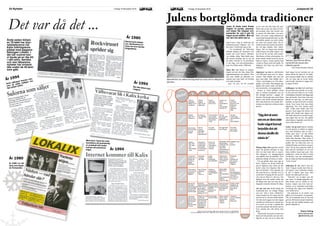 Julspecial 25Fredag 18 december 2015LOKALIX24 Nyheter Fredag 18 december 2015 LOKALIX
12345
Quiz!
År
M
usik
Person
Kultur
Händelse
Sport-
person
By
Nöje
Detta år
drabbades
Näsbyn av en
mordbrand.
Detta år
slutade
Kalix HC på
sjätte plats.
Detta år
fyllde Kalix
bandy 20 år.
Detta år tog
social-
demokraterna
hem
kommunvalet
med 59,3 %
Detta år
var det ett
decennium sen
Kalixborna
firade ett
millennium-
skifte.
Musiker
född 1977 i
Östersund.
Nu studerar
hen psykologi
i Umeå.
Innan karriären
som musiker
studerade hen
till journalist
i Kalix.
Hen har
sommarpratat
två gånger.
2008 och 2015.
Har gjort
musik under
namnet Säkert!
och
Hello Saferide.
Hens efter-
namn är ett
stort kattdjur.
Hen gillar
att köra fort.
Hen är känd
för att ta risker
inom sitt
område.
Hen har
inlett ett
samarbete
med ”Mer
Organdonation”
Hen tagit totalt
fem SM-guld.
Föddes i
Kalix 1927,
men växte
upp i
Gammelstad,
Luleå.
Studerade i
Luleå för att
sedan flytta
till Uppsala
för att studera
humaniora.
Skrivit mer
än 50 verk
i olika genrer,
dock inte
romaner.
Debuterade med
diktsamlingen
Vinterresa 1951.
Var mellan
1949-1975
kulturskribent på
Expressen och
Dagens Nyheter.
Författaren dog
2013 i
Vaxholm.
15 personer
anhölls och 13
dömdes för
innehav av
illegala
skjutvapen.
Händelsen
nystades
upp 1983.
Lokala
polisen
misstänktes
vara inblandad.
Alltsammans
börjar med en
stulen silverräv
i en rävfarm i
Nyborg.
Händelsen
var en
inspiration till
den svenska
långfilmen
”Jägarna”.
Född samma
år som ishock-
eyspelaren
Stig Eek.
Vann OS-guld
i stafett på
tiden:
1.04.21,4.
Delade ut
Bragdguldet
på idrottsgalan
2015.
Körde stafett
tillsammans
med
Britt Strandberg
och
Sonja Ruthström-
Edström
under OS 1960.
Nu ska
vi se om
denna klassiska-
och fristilsåkande
Johansson
kan rimma på
ö och berg.
Namnet har
inga säkra
anknytningar till
vare sig finskt,
samiskt eller
svenskt språk.
Det första
vattenkraftverket
i Kalix kommun
har en gång
stått i denna by
som färdig-
ställdes år 1917.
”Flakawok”
var en av rätterna
på förra
årets meny.
Tre kulturer
möts på den
plats där detta
event brukar
äga rum -
samisk,svensk
och finsk.
Blev årets bygd
2009 och har ett
Bryggerimuseum
som Åke
Hellström tar
hand om.
Det kommunala
kranvattnet till
centralorten tas
även idag från
denna by.
Hit åker många
badgäster på
sommaren för
att ta sig ett
dopp.
Platsen har varit
bra för jakt.
Namnet kommer
från Överkalix-
bondskan och
betecknar en
slags fälla för
skogsfågel.
Evenemanget
firar 26 år 2015.
Bakom eventet
står en ideell
förening med
rötterna
i Morjärv.
Poäng
Totalt
År:2010,Musik:AnnikaNorlin,Person:FredrikTiger,Kultur:FolkeIsaksson,Händelse:Kalixhärvan,
Sport-person:IrmaJohansson,By:Bjumisträsk,Nöje:FlakasandRock&Blues-festival.
Julen är årets mest firade
högtid. Vi pyntar, planerar
och köper fler klappar och
presenter än vad vi gör till
något annat tillfälle. Men så
har det inte alltid sett ut.
Ann-Louise Lång är antikvarie på
friluftsmuseumet Hägnan och vet
hur julen i Norrbotten såg ut förr.
– En bondfamilj på 1880-talet
jobbade hårdast på sommaren och
kunde vila ut på vintern. Julfriden
var väldigt viktig. Man skulle göra
det minsta möjliga och ta sig tid
att tänka. Mycket av de julsederna
vi har idag, som adventskalendern,
kom inte förrän under 1900-talet.
Julen förr var främst en religiös
högtid och inte alls lika viktig eller
uppmärksammad som påsken. Den
mat man ställde på julbordet var
samma som man hade vid bröllop
och andra firanden.
wjen var, gris var till exempel
en lyx som inte alla hade råd med.
Hade man en gris att slakta till bor-
det använde man ofta mycket mer
av grisen till olika rätter, som gris-
fötter och syltor. Andra delikatesser
man kunde hitta på julbordet var fisk
och lutfisk, potatis, ost, julöl, sillsal-
lat, smör och mycket bröd. Till ef-
terrätt kunde man kanske få mjölost,
det vill säga ostkaka, eller vatten-
lingon. Det var lingon man plockat
under hösten och sedan lagrat i vat-
ten till jul för att ätas med socker.
Med fanns så klart också gröten. En
rikare familj kunde kosta på sig att
köpa in risgryn. Annars gjorde man
vit gröt av finare mjöl och mjölk. De
fattigaste fick klara sig med korn-
mjölsgröt.
Julgranen var inte en självklarhet
vid 1880-talet utan mest en status-
symbol. Man klädde den med det
pynt man hade. Man klädde den i
’slöjor’ som klippts ut av fint silkes-
papper, och kottar. Man hängde upp
äpplen eller annat smått och ätbart,
som karameller, och pepparkakor.
Resten av huset piffades också
upp av enklare prydnader som ett
fint utklippt mönster i papper för
fönstret. Här kunde man också fästa
träkors som skulle skydda familjen
från onda demoner som kunde före-
komma nu under den mörkaste tiden
på året.
Många stöpte sina egna ljus i tid till
julen. De gjordes antingen av talg,
eller om man hade råd, av stearin.
Det viktigaste var tretaggarsljuset
som ställdes mitt på julbordet. Över
julbordet ståtade en krona av halm.
Ute på gården satte man upp en
kärve. Tanken var att den skulle ge
mat åt fåglarna men också att den
skulle locka bort fåglarna från la-
dan och skörden. Vissa sparade just
den sista kärven av skörden som en
symbolisk övergång till det nya året
och som en blick in i det nya. Om
fåglarna kom för snabbt skulle det
bli dåligt med mat och kom de för
långsamt så skulle skörden bli dålig.
Att spå vad som skulle hända det
kommande året var vanligt. Många
som sett ’Alla vi barn i Bullerbyn’
minns kanske hur de stöpte tenn till
nyår för att se vad som skulle hända.
Att sitta med ryggen mot den öppna
ytterdörren och kasta sin vänstra sko
över axeln var ett sätt. Landade den
så att den pekade inåt skulle man bo
kvar, pekade den utåt skulle man
flytta.
Man kunde också gå en runda runt
huset och titta på dem som satt inne.
Såg det ut som om en av dem inte
hade något huvud betydde det att
denna skulle dö nästa år. På julda-
gens morgon tittade man in i glöden
och om man såg en kyrka skulle
man bli gift, såg man en vagga skul-
le någon få barn.
Julklappar var inte helt självklart.
De presenter man delade ut var enk-
la och man fick oftast en var. Under
julmiddagen brukade man lägga upp
dem på bordet. Som barn fick man
kanske ett eget ljus, en större pep-
parkaka, ett eget bröd eller en annan
sötsak. Som vuxen fick man oftast
någonting litet som barnen gjort
själv. Under julen skulle man vara
generös. Kom någon till dörren och
tiggde eller kände man någon som
inte hade råd med så mycket så gav
man något litet att äta. Det gällde
också djuren i lagården som fick lite
extra under denna tid.
Seden ’att gå med stjärna’ innebar
att man gjorde en stjärna av papper
som man försiktigt satte ett ljus i.
Sedan gick man i ett tåg mellan
hemmen utklädd till stjärngosse,
Judas eller Herodes. Man sjöng 12
verser och bad om en liten slant eller
godbit. Det var oftast den som var
utkläd till Judas som fick be om god-
biten. Var de man sjöng hos snåla så
lade man till ytterligare en vers om
deras snålhet innan man gick. Den
traditionen verkar ha dött ut kring
30-40-talet, men får nutidsmännis-
kan att tänka på Halloweenfirandets
”trick or treat”.
Jultomten är ett relativt nytt på-
fund. Tidigare kunde man hitta an-
dra figurer varav julbocken kanske
är den vi känner igen mest. Han
kunde vara både god och ond.
”Julsvein” var en figur som det
inte finns så många uppgifter om.
Han kunde vara en variant av jul-
bocken, någon som kom med jul-
bocken, en av småfolket med luden
överkropp eller någon som färdades
över himlavalvet.
Om jultomten är ett relativt nytt
påhitt så är hustomten ett gammalt.
Till jul så lämnade man ett fat med
gröt ute till honom annars kunde han
bli arg och inte hjälpa bonden med
gården följande år.
Emma Terling
emma.terling.kalix
@folkbildning.net
Julbordet förr var enklare än idag. Bröd var en lyx och en viktig del av
julmaten.
Julens bortglömda traditioner
”Julsvein” gick från hus till hus,
mycket likt det tomten eller
julbocken gjorde.
FOTO: FRILUFTSMUSEET HÄGNAN
”Sågdetutsom
omenavdeminte
hadenågothuvud
betyddedetatt
dennaskulledö
nästaår”
Det var då det ...
Ända sedan början
av 70-talet har jour-
nalisteleverna vid
Kalix folkhögskola
jobbat med pappers-
tidningen Lokalix. I
det här numret kan
vi bjuda på en lite titt
i vårt arkiv. Seriösa
och mer lätsamma
nyheter har avhand-
lats under de 45 åren
som gått.
Årets julklapp? Kanske inte,
men de sålde tydligen bra
ifjol (alltså 1993).
Rockviruset skapar
oro. Skribentens se-
riösa ton kan kanske
ifrågasättas.
När lilla Ulrika komi dagern.
Med facit i hand kan man
konstatera att granskning
av protokoll inte skulle
komma att prioriteras
högst.
År 1980 var det
dans som toppa-
de förstasidan.
År 1994
År 1994
År 1994
År 1980
År 1980
 