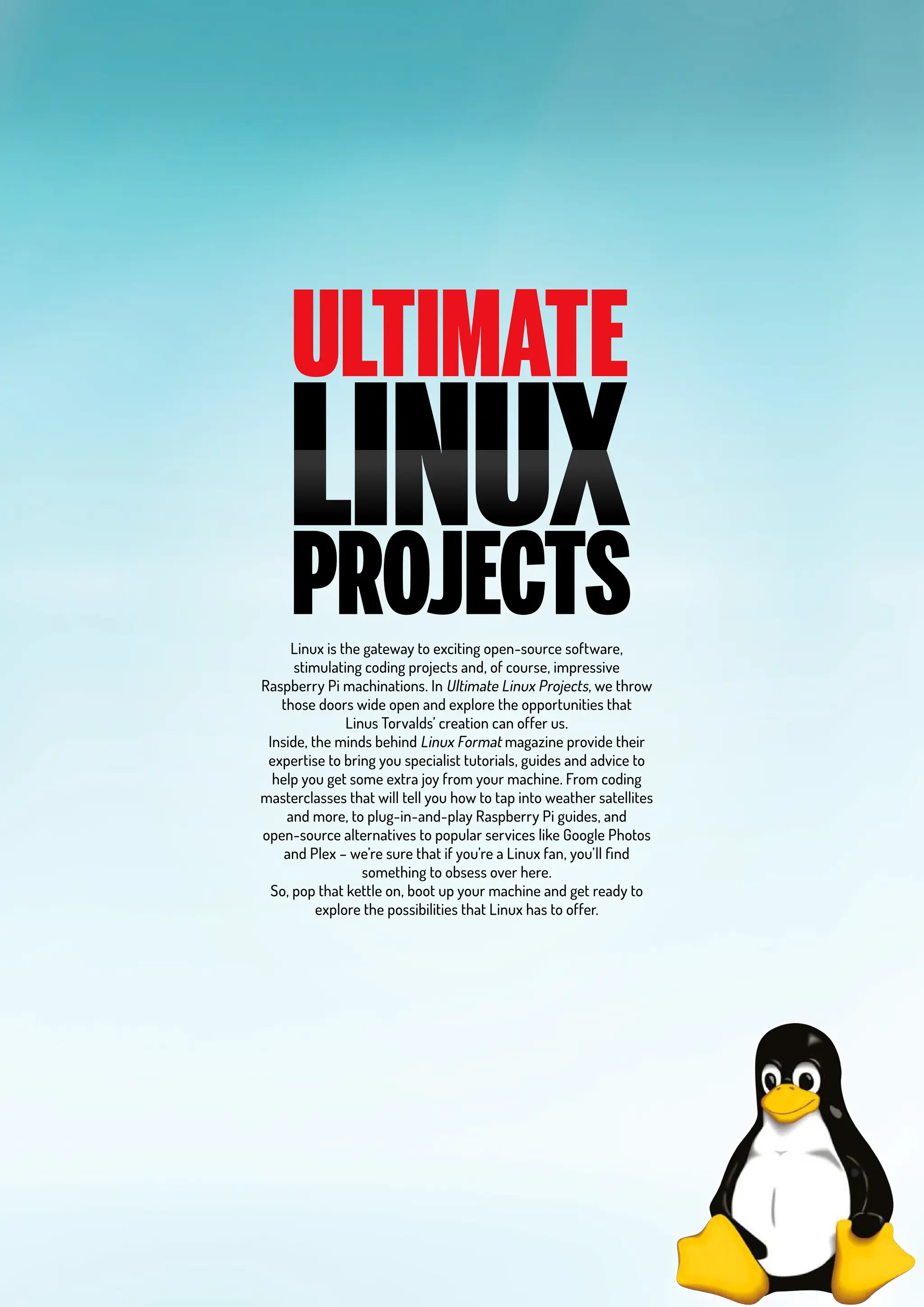 Linux is the gateway to exciting open-source software,
stimulating coding projects and, of course, impressive
Raspberry Pi machinations. In Ultimate Linux Projects, we throw
those doors wide open and explore the opportunities that
Linus Torvalds’ creation can offer us.
Inside, the minds behind Linux Format magazine provide their
expertise to bring you specialist tutorials, guides and advice to
help you get some extra joy from your machine. From coding
masterclasses that will tell you how to tap into weather satellites
and more, to plug-in-and-play Raspberry Pi guides, and
open-source alternatives to popular services like Google Photos
and Plex – we’re sure that if you’re a Linux fan, you’ll find
something to obsess over here.
So, pop that kettle on, boot up your machine and get ready to
explore the possibilities that Linux has to offer.
 