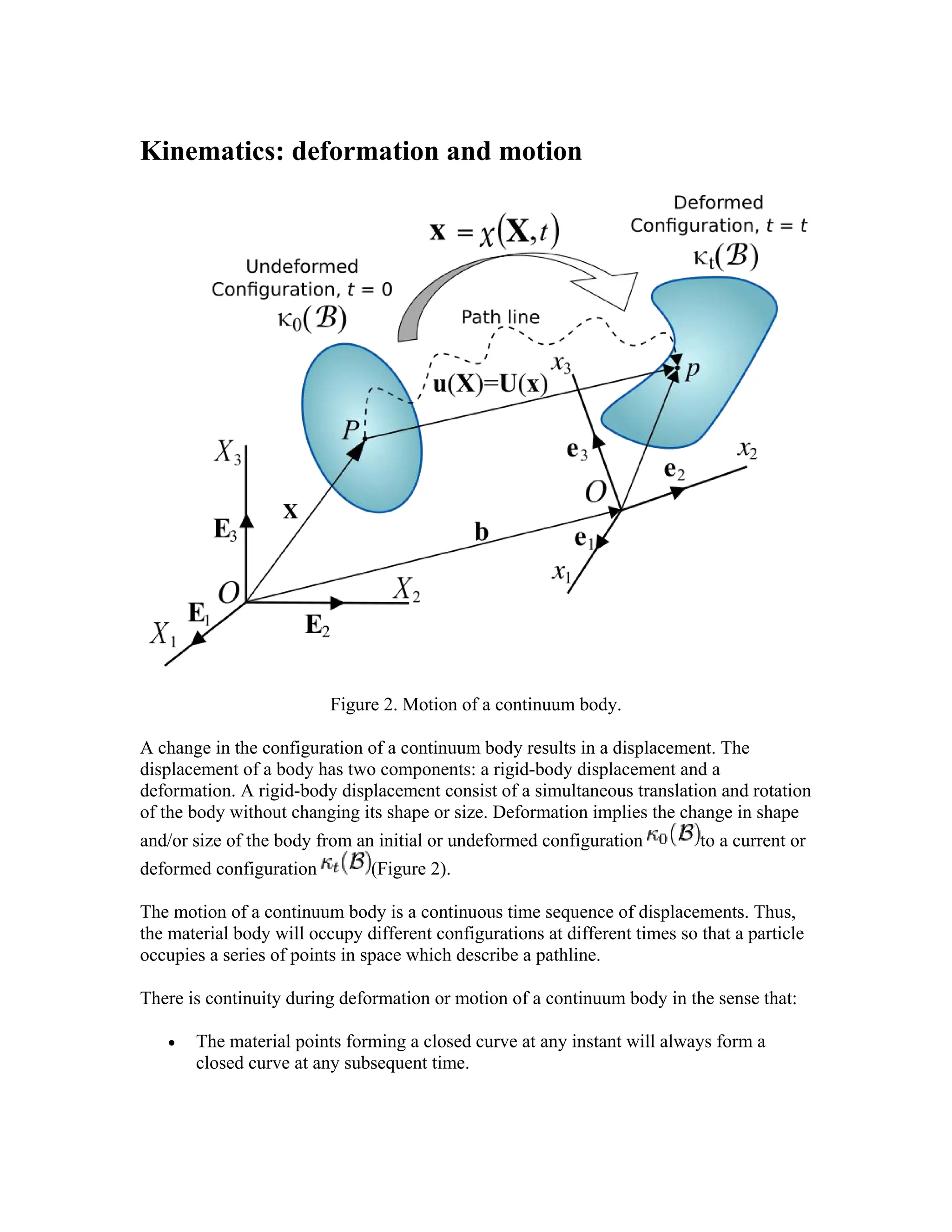 Kinematics: deformation and motion
Figure 2. Motion of a continuum body.
A change in the configuration of a continuum body results in a displacement. The
displacement of a body has two components: a rigid-body displacement and a
deformation. A rigid-body displacement consist of a simultaneous translation and rotation
of the body without changing its shape or size. Deformation implies the change in shape
and/or size of the body from an initial or undeformed configuration to a current or
deformed configuration (Figure 2).
The motion of a continuum body is a continuous time sequence of displacements. Thus,
the material body will occupy different configurations at different times so that a particle
occupies a series of points in space which describe a pathline.
There is continuity during deformation or motion of a continuum body in the sense that:
• The material points forming a closed curve at any instant will always form a
closed curve at any subsequent time.
 