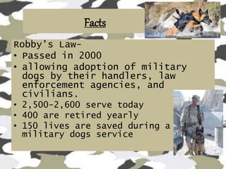 Facts
Robby’s Law-
• Passed in 2000
• allowing adoption of military
dogs by their handlers, law
enforcement agencies, and
civilians.
• 2,500-2,600 serve today
• 400 are retired yearly
• 150 lives are saved during a
military dogs service
 