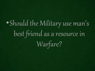 •Should the Military use man’s
best friend as a resource in
Warfare?
 