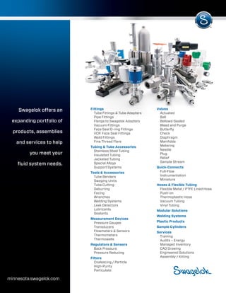 minnesota.swagelok.com
Swagelok offers an
expanding portfolio of
products, assemblies
and services to help
you meet your
ﬂuid system needs.
Fittings
Tube Fittings & Tube Adapters
Pipe Fittings
Flange to Swagelok Adapters
Vacuum Fittings
Face Seal O-ring Fittings
VCR®
Face Seal Fittings
Weld Fittings
Fine Thread Flare
Tubing & Tube Accessories
Stainless Steel Tubing
Insulated Tubing
Jacketed Tubing
Special Alloys
Support Systems
Tools & Accessories
Tube Benders
Swaging Units
Tube Cutting
Deburring
Facing
Wrenches
Welding Systems
Leak Detectors
Lubricants
Sealants
Measurement Devices
Pressure Gauges
Transducers
Flowmeters & Sensors
Thermometers
Thermowells
Regulators & Sensors
Back Pressure
Pressure Reducing
Filters
Coalescing / Particle
High-Purity
Particulate
Valves
Actuated
Ball
Bellows-Sealed
Bleed and Purge
Butterﬂy
Check
Diaphragm
Manifolds
Metering
Needle
Plug
Relief
Sample Stream
Quick-Connects
Full-Flow
Instrumentation
Miniature
Hoses & Flexible Tubing
Flexible Metal / PTFE Lined Hose
Push-on
Thermoplastic Hose
Vacuum Tubing
Vinyl Tubing
Modular Solutions
Welding Systems
Plastic Products
Sample Cylinders
Services
Training
Audits – Energy
Managed Inventory
CAD Drawing
Engineered Solutions
Assembly / Kitting
 