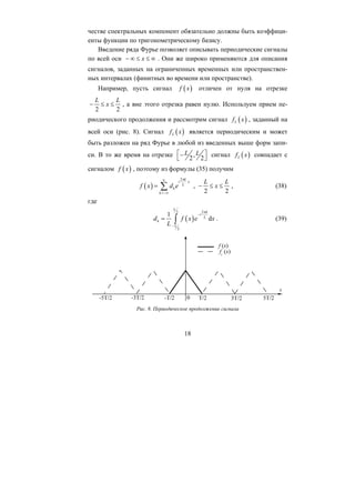 честве спектральных компонент обязательно должны быть коэффици-
енты функции по тригонометрическому базису.
Введение ряда Фурье позволяет описывать периодические сигналы
по всей оси x− ∞ ≤ ≤ ∞ . Они же широко применяются для описания
сигналов, заданных на ограниченных временных или пространствен-
ных интервалах (финитных во времени или пространстве).
( )f x отличен от нуля на отрезкеНапример, пусть сигнал
2 2
L
x− ≤ ≤
L
, а вне этого отрезка равен нулю. Используем прием пе-
риодического продолжения и рассмотрим сигнал ( )fL x , заданный на
всей оси (рис. 8). Сигнал ( )Lf x является периодическим и может
быть разложен на ряд Фурье в любой из введенных выше форм запи-
си. В то же время на отрезке ,
2 2
L L ( )L
⎡ ⎤− f
⎦
сигнал
⎣
x совпадает с
сигналом ( )f x , поэтому из формулы (35) получим
( )
2
k
k
f x d e
∞
=−∞
= ∑
k
i x
L
π
,
18
2 2
L L
x , (38)− ≤ ≤
где
( )
22
2
1
d
L
k
i
L
L
d f x e x
L
π
−
−
∫k = . (39)
Рис. 8. Периодическое продолжение сигнала
Copyright ОАО «ЦКБ «БИБКОМ» & ООО «Aгентство Kнига-Cервис»
 