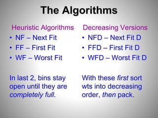 The Algorithms
Heuristic Algorithms
• NF – Next Fit
• FF – First Fit
• WF – Worst Fit
In last 2, bins stay
open until they are
completely full.
Decreasing Versions
• NFD – Next Fit D
• FFD – First Fit D
• WFD – Worst Fit D
With these first sort
wts into decreasing
order, then pack.
 