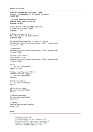 Seminars Attended
Advanced Cardiovascular Life Support Course
American Heart Association (Al Ain Hospital Life Support)
April 28, 2015
CPR Pro for the Professional Rescuer
American Safety Health Institute (IBC)
November 28, 2014
Infection Control In Medical and Dental Practice
Al Salam Group of Dental Centers
November 21, 2014
IV Therapy Management Course
IBC Medical Services-Life Support Division
August 22, 2014
Standards of Professional Care in Intravenous Therapy
Association of Nursing Service Administrators Of the Philippines, INC.
February 28 , 2013
Documentation
Association of Nursing Service Administrators Of the Philippines, INC.
February 27, 2013
Vascular Access Devices:
Global Nursing Practice
Association of Nursing Service Administrators Of the Philippines, INC.
February 26, 2013
HIV 101
Our Lady of Lourdes Hospital
January 31, 2013
American Heart Association BLS for
Healthcare Providers Program
Our Lady of Lourdes Hospital
May 2012
Breastfeeding Seminar
Our Lady of Lourdes Hospital
July 2011
Infection Control Update
Our Lady of Lourdes Hospital
July 2011
Update on Chemothrapy
Our Lady of Lourdes Hospital
March 2011
IV training
Veterans Memorial Medical Center
January 2010
Skills
 Enhanced Nursing skills
 Excellent interpersonal and therapeutic skills
 Proficient in working with a team or independently
 Enhanced management and leadership skills
 Intravenous Insertion (adult and pedia)
 