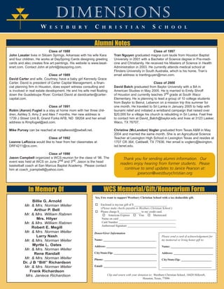 dimensions 
W E S T B U R Y C H R I S T I A N S C H O O L 
T 
TT 
Alumni Notes 
Class of 1988 
John Lasater lives in Siloam Springs, Arkansas with his wife Kara 
and four children. He works at DaySpring Cards designing greeting 
cards and also creates fine art paintings. His website is www.lasat-erart. 
com. Contact John at johnl@dayspring.com. 
Class of 1989 
David Carter and wife, Courtney, have a baby girl Kennedy Grace 
Carter. David is president of Carter Capital Management, a finan-cial 
planning firm in Houston, does expert witness consulting and 
is involved in real estate development. He and his wife met floating 
down the Guadeloupe River. Contact David at davidcarter@carter-capital. 
In Memory Of 
com. 
Class of 1991 
Robin (Aaron) Fugiel is a stay at home mom with her three chil-dren, 
Ashley 5, Amy 2 and Alex 7 months. Her new address is 
1739 J Street Unit B, Grand Forks AFB, ND 58204 and her email 
address is Rmpfugiel@aol.com. 
Mike Purvey can be reached at mptallwood@swbell.net. 
Class of 1992 
Leanne LaRocca would like to hear from her classmates at 
DRF4211@cs.com. 
Class of 1996 
Jason Campbell organized a WCS reunion for the class of ’96. The 
event was held at WCS on June 2nd and 3rd. Jason is the head 
basketball coach at San Marcus Baptist Academy. Please contact 
him at coach_jcampbell@yahoo.com. 
Class of 1997 
Tran Nguyen graduated magna cum laude from Houston Baptist 
University in 2001 with a Bachelor of Science degree in Pre-medi-cine 
and Christianity. He received his Masters of Science in Health 
Administration in 2003. He currently attends medical school at 
Flinders University in South Australia, which is his home. Tran’s 
email address is tranttnguyen@msn.com. 
Class of 2000 
David Balch graduated from Baylor University with a BA in 
American Studies in May 2005. He is married to Emily Shroff 
of Houston and currently teaches 3rd grade at South Waco 
Elementary. He is planning to lead a group of 10 college students 
from Baylor to Beirut, Lebanon on a mission trip this summer for 
one month. He traveled to Sri Lanka in January 2005 to help with 
tsunami relief and initiated a wristband campaign that raised over 
$20,000 for a village his church is rebuilding in Sri Lanka. Feel free 
to contact him at David_Balch@baylor.edu and lives at 3123 Lasker, 
Waco, TX 76707. 
Christine (McLendon) Vogler graduated from Texas A&M in May 
2004 and married the same month. She is an Agricultural Science 
Teacher at Lexington High School in Lexington Texas and resides at 
1707 CR 364, Caldwell, TX 77836. Her email is voglerc@lexington. 
isd.tenet.edu. 
Thank you for sending alumni information. Our 
readers enjoy hearing from former students. Please 
continue to send updates to Janice Pearson at: 
jpearson@westburychristian.org 
Billie G. Arnold 
Mr. & Mrs. Norman Weller 
Arthur P. Bell 
Mr. & Mrs. William Rabren 
Mrs. Hilyer 
Mr. & Mrs. William Rabren 
Robert E. Megill 
Mr. & Mrs. Norman Weller 
Larry Nash 
Mr. & Mrs. Norman Weller 
Myrtle L. Oates 
Mr. & Mrs. Norman Weller 
Rene Randall 
Mr. & Mrs. Norman Weller 
Dr. J B “Bill” Richardson 
Mr. & Mrs. Norman Weller 
Frank Richardson 
Mrs. Janiece Richardson 
WCS Memorial/Gift/Honorarium Form 
Yes, I/we want to support Westbury Christian School with a tax deductible gift. 
† Enclosed is my/our gift of $ ______________________. 
(Please make checks payable to Westbury Christian School.) 
† Please charge $_______________ to my credit card. 
† American Express † Visa † Mastercard 
Name on card _______________________________________ 
Card Number _______________________________________ 
Authorized Signature _________________________________ 
Donor/Giver Information 
Name: ____________________________________ 
Address: __________________________________ 
City/State/Zip: _____________________________ 
Phone: ____________________________________ 
Email: ____________________________________ 
Please send a card of acknowledgement for 
my memorial or living honor gift to: 
Name: _____________________________ 
Address: ___________________________ 
City/State/Zip: _____________________ 
__________________________________ 
Clip and return with your donation to: Westbury Christian School, 10420 Hillcroft, 
Houston, Texas, 77096 
 