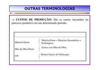 OUTRAS TERMINOLOGIAS

-> CUSTOS DE PRODUÇÃO: São os custos incorridos no
processo produtivo em um determinado período.




                       Matéria-Prima + Materiais Secundários +
  Material Direto      Embalagens.
                       Gastos com Mão-de-Obra.
  Mão de Obra Direta

                       Demais Gastos de Fabricação.
  CIF
 