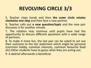 REVOLVING CIRCLE 3/3
5. Teacher claps hands and then the outer circle rotates
clockwise one step and then face a new partner.
6. Teacher calls out a new question/topic and the new pair
discusses it for another minute.
7. The rotation may continue until pupils have had the
opportunity to discuss different questions with a wide range
of partners.
8. To make it more fun, the last pair can be asked to act out
their outcome to the last statement which might be personal
(common hobby, common interests, common favourite food
etc) Other students have to guess what they are acting out.
9. A debrief afterwards is beneficial.
 