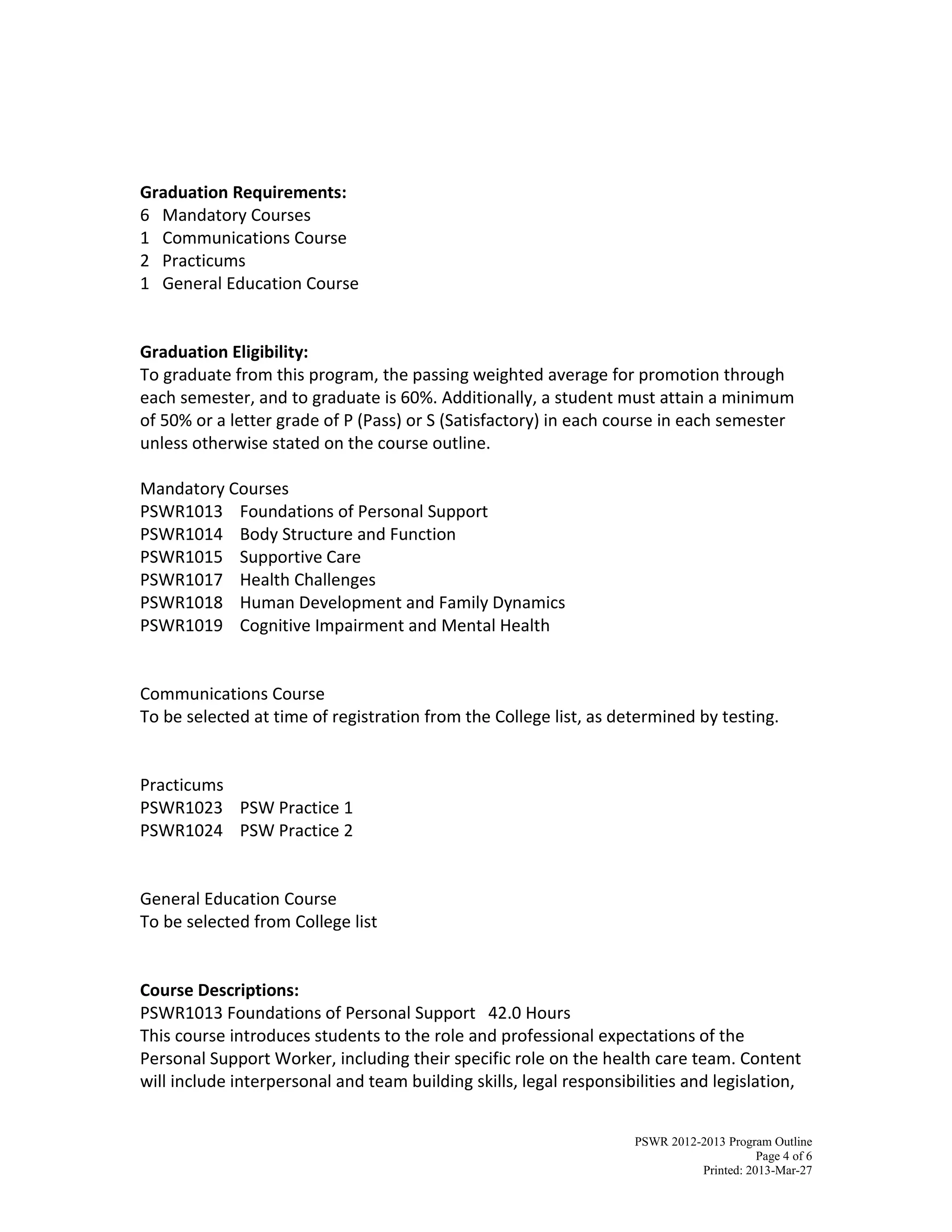 PSWR 2012-2013 Program Outline
Page 4 of 6
Printed: 2013-Mar-27
Graduation Requirements:
6 Mandatory Courses
1 Communications Course
2 Practicums
1 General Education Course
Graduation Eligibility:
To graduate from this program, the passing weighted average for promotion through
each semester, and to graduate is 60%. Additionally, a student must attain a minimum
of 50% or a letter grade of P (Pass) or S (Satisfactory) in each course in each semester
unless otherwise stated on the course outline.
Mandatory Courses
PSWR1013 Foundations of Personal Support
PSWR1014 Body Structure and Function
PSWR1015 Supportive Care
PSWR1017 Health Challenges
PSWR1018 Human Development and Family Dynamics
PSWR1019 Cognitive Impairment and Mental Health
Communications Course
To be selected at time of registration from the College list, as determined by testing.
Practicums
PSWR1023 PSW Practice 1
PSWR1024 PSW Practice 2
General Education Course
To be selected from College list
Course Descriptions:
PSWR1013 Foundations of Personal Support 42.0 Hours
This course introduces students to the role and professional expectations of the
Personal Support Worker, including their specific role on the health care team. Content
will include interpersonal and team building skills, legal responsibilities and legislation,
 