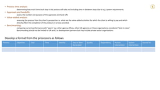 • Process time analysis:
determining how much time each step in the process will take and including time in between steps due to e.g. system requirements.
• Approvals and handoffs:
assess the number and purpose of the approvals and hand-offs
• Value-added analysis:
assessing the process from the client’s perspective i.e. what are the value added activities for which the client is willing to pay and which
directly affect the completion of the product or service provided.
• Benchmarking:
comparing current performance with “peers” e.g. other agency offices, other UN agencies or those organizations considered “best-in-class”.
Benchmarking should not be limited to UN and / or development partners but may include private sector organizations.
Develop a format from the processors as follows
Process Objective Cost Time Severity Data is Been
Generated
Quality Dependency Human
intervention
System
intervention
Source for
 