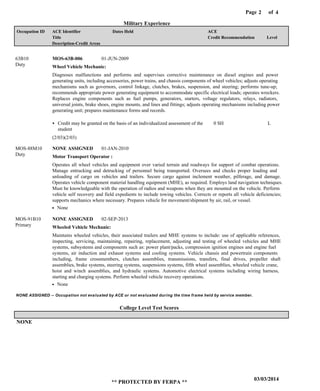 Page of2
03/03/2014
** PROTECTED BY FERPA **
4
College Level Test Scores
Military Experience
NONE ASSIGNED -- Occupation not evaluated by ACE or not evaluated during the time frame held by service member.
NONE
Wheel Vehicle Mechanic:
Motor Transport Operator :
Wheeled Vehicle Mechanic:
MOS-63B-006
NONE ASSIGNED
NONE ASSIGNED
63B10
MOS-88M10
MOS-91B10
Diagnoses malfunctions and performs and supervises corrective maintenance on diesel engines and power
generating units, including accessories, power trains, and chassis components of wheel vehicles; adjusts operating
mechanisms such as governors, control linkage, clutches, brakes, suspension, and steering; performs tune-up;
recommends appropriate power generating equipment to accommodate specific electrical loads; operates wreckers.
Replaces engine components such as fuel pumps, generators, starters, voltage regulators, relays, radiators,
universal joints, brake shoes, engine mounts, and lines and fittings; adjusts operating mechanisms including power
generating unit; prepares maintenance forms and records.
Operates all wheel vehicles and equipment over varied terrain and roadways for support of combat operations.
Manage entrucking and detrucking of personnel being transported. Oversees and checks proper loading and
unloading of cargo on vehicles and trailers. Secure cargo against inclement weather, pilferage, and damage.
Operates vehicle component material handling equipment (MHE), as required. Employs land navigation techniques.
Must be knowledgeable with the operation of radios and weapons when they are mounted on the vehicle. Perform
vehicle self recovery and field expedients to include towing vehicles. Corrects or reports all vehicle deficiencies;
supports mechanics where necessary. Prepares vehicle for movement/shipment by air, rail, or vessel.
Maintains wheeled vehicles, their associated trailers and MHE systems to include: use of applicable references,
inspecting, servicing, maintaining, repairing, replacement, adjusting and testing of wheeled vehicles and MHE
systems, subsystems and components such as: power plant/packs, compression ignition engines and engine fuel
systems, air induction and exhaust systems and cooling systems. Vehicle chassis and powertrain components
including, frame crossmembers, clutches assemblies, transmissions, transfers, final drives, propeller shaft
assemblies, brake systems, steering systems, suspensions systems, fifth wheel assemblies, wheeled vehicle crane,
hoist and winch assemblies, and hydraulic systems. Automotive electrical systems including wiring harness,
starting and charging systems. Perform wheeled vehicle recovery operations.
Credit may be granted on the basis of an individualized assessment of the
student
0 SH L
01-JUN-2009
01-JAN-2010
02-SEP-2013
None
None
(2/03)(2/03)
Level
ACE
Credit Recommendation
Dates HeldACE Identifier
Title
Description-Credit Areas
Occupation ID
Duty
Duty
Primary
 