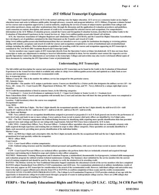 Page of4
03/03/2014
** PROTECTED BY FERPA **
4
JST Official Transcript Explanation
The American Council on Education (ACE) is the nation's unifying voice for higher education. ACE serves as a consensus leader on key higher
education issues and seeks to influence public policy through advocacy, research, and program initiatives. ACE's Military Programs evaluates formal
service courses and occupations approved by a central authority, employing the services of teams of subject-matter specialists from colleges and
universities (professors, deans, and other academicians) that, through the discussion and the application of evaluation procedures and guidelines,
reach consensus on content, description, and amount of credit to be recommended for selected courses and occupations. For comprehensive
information on the ACE Military Evaluation process, consult the Course and Occupation Evaluation Systems, described in the online Guide to the
Evaluation of Educational Experiences in the Armed Services at: http://www.militaryguides.acenet.edu/AboutCrsEval.htm).
ACE, the American Association of Collegiate Registrars and Admissions Officers (AACRAO), and the Council for Higher Education Accreditation
have developed a set of guidelines contained in the Joint Statement on the Transfer and Award of Credit
(http://www.militaryguides.acenet.edu/JointStatement/htm) that are intended to serve as a guide for institutions developing or reviewing policies
dealing with transfer, acceptance and award of credit for courses and occupations completed in a variety of institutional and extrainstitutional
settings, including the military. More information on guidelines for awarding credit for courses and occupations appearing on JST transcripts is
contained in The AACRAO 2003 Academic Record and Transcript Guide.
Service members may request copies of JST transcripts directly from the Operation Centers at https://jst.doded.mil. ACE does not issue these
transcripts or make any adjustments to missing or incorrect information contained in them. Service members must contact the respective service
specific Operations Centers for adjustments or corrections to the transcripts. Colleges and universities may also receive web-based official copies of
these documents by contacting the JST Operations Center at jst@doded.mil.
Understanding JST Transcripts
The full exhibit and description for courses and occupations listed on JST transcripts can be found in the Guide to the Evaluation of Educational
Experiences in the Armed Services which is available only online at: (http://www.militaryguides.acenet.edu) and updated on a daily basis as new
courses and occupations are evaluated for recommended credit.
Key to transcript terms:
Military Course ID - This is the number the military service has assigned for this particular course.
SH - Semester hours.
ACE Identifier - The number ACE assigns a particular course. Courses are identified by a 2-letter prefix that designates the military service (AF - Air
Force, AR - Army, CG - Coast Guard, DD - Department of Defense, MC - Marine Corps, and NV - Navy), followed by a unique eight-digit course
identifier.
ACE Credit Recommendation is listed in semester hours, in the following categories:
V = Vocational; L = Lower level (freshman or sophomore level); U = Upper level (Junior or Senior Level); G = Graduate level.
Dates Taken/Dates Held - Courses and occupations will normally have a start and end date that will show the time period the course was completed or
the occupation was held.
Location - Valid location(s) where the course was completed.
Occupational Codes:
Army MOS:
MOS - Army MOS has 5 digits. The first 3 digits identify the occupational specialty and the last 2 digits identify the skill level (E1-E4 = skill
level10; E5 = skill level 20; E6 = skill level 30; E7 = skill level 40; E8 - skill level 50; E9 = skill level 60).
Navy Rates and Ratings:
NER - Navy enlisted rates are occupation identifications assigned to personnel at paygrades E-1 to E-9. Each general rate involves the performance of
entry-level tasks and leads to one or more ratings. Career patterns from recruit to master chief petty officer are identified by 4 to 5-digit codes.
NEC - The NEC Structure supplements the Enlisted Rating Structure by identifying skills requiring more specific identification than that provided
by general rates and ratings and that are not rating-wide requirements. Selected NECS have been evaluated by ACE to date.
LDO, NWO - Limited Duty Officer, Navy Warrant Officer - Technical officer specialists who perform duties that are technically oriented, with
skills acquired through experience and training that are limited in scope to other officer categories. These specialties are normally identified by 4
digits, each successively providing more precise identification of the individual holder.
Marine Corps:
MCE - an MOS has 4 digits and a descriptive title; the first 2 digits normally describe the occupational field and the last 2 digits identify the
promotional level and specialty within the occupation.
MCO - officer MOS.
Coast Guard:
CGA - Coast Guard officer aviation competencies.
CGR - Enlisted rating structure used for classified enlisted personnel and qualifications, with career levels from recruit to master chief petty
officer.
CGW - Coast Guard Warrant Officers are technical officer specialists who perform duties that are technically oriented and acquired through
experience and training that is limited in scope and relation to other officer categories.
MATMEP - Maintenance Training Management and Evaluation Program, a standardized, documentable, level-progressive, technical skills management
and evaluation program for enlisted aviation technical maintenance training. The Summary sheet submitted by the service member lists the current
level of training completed and should be used by the evaluator to verify the attained level in awarding credit.
DANTES - The Defense Activity for Non-Traditional Education Support maintains the educational records of the service members who have completed
DANTES subject Standardized Tests (DSSTs), CLEP examinations, and GED tests. For examinations administered at military installations, results of
these tests may appear on JST transcripts for consideration in the award of the recommended credit. However, individual colleges and universities may
reserve the right to request official scores directly from ETS or DANTES, to confirm completion of these exams and the credits recommended.
COLLEGE LEVEL EXAMINATION PROGRAM (CLEP) - The College-Level Examination Program or CLEP provides students of any age with the
opportunity to demonstrate college-level achievement through a program of exams in undergraduate college courses. There are 2,900 colleges that
grant credit and/or advanced standing for CLEP exams.
FERPA - The Family Educational Rights and Privacy Act (20 U.S.C. 1232g; 34 CFR Part 99)
 
