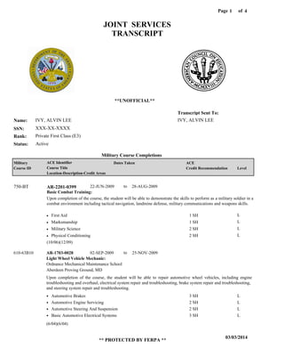 Page of1
03/03/2014
** PROTECTED BY FERPA **
4
IVY, ALVIN LEE
XXX-XX-XXXX
Private First Class (E3)
IVY, ALVIN LEE
Transcript Sent To:
Name:
SSN:
Rank:
JOINT SERVICES
TRANSCRIPT
**UNOFFICIAL**
Military Course Completions
ActiveStatus:
Military
Course ID
ACE Identifier
Course Title
Location-Description-Credit Areas
Dates Taken ACE
Credit Recommendation Level
Basic Combat Training:
Upon completion of the course, the student will be able to demonstrate the skills to perform as a military soldier in a
combat environment including tactical navigation, landmine defense, military communications and weapons skills.
AR-2201-0399750-BT 22-JUN-2009 28-AUG-2009
First Aid
Marksmanship
Military Science
Physical Conditioning
L
L
L
L
1 SH
1 SH
2 SH
2 SH
Light Wheel Vehicle Mechanic:
AR-1703-0028 02-SEP-2009 25-NOV-2009
Upon completion of the course, the student will be able to repair automotive wheel vehicles, including engine
troubleshooting and overhaul, electrical system repair and troubleshooting, brake system repair and troubleshooting,
and steering system repair and troubleshooting.
610-63B10
Ordnance Mechanical Maintenance School
Aberdeen Proving Ground, MD
Automotive Brakes
Automotive Engine Servicing
Automotive Steering And Suspension
Basic Automotive Electrical Systems
3 SH
2 SH
2 SH
3 SH
L
L
L
L
(10/06)(12/09)
(6/04)(6/04)
to
to
 