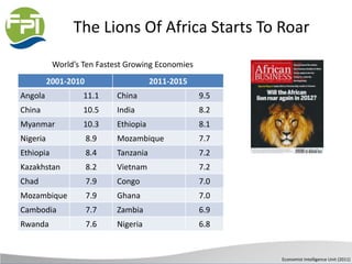 The Lions Of Africa Starts To Roar
2001-2010 2011-2015
Angola 11.1 China 9.5
China 10.5 India 8.2
Myanmar 10.3 Ethiopia 8.1
Nigeria 8.9 Mozambique 7.7
Ethiopia 8.4 Tanzania 7.2
Kazakhstan 8.2 Vietnam 7.2
Chad 7.9 Congo 7.0
Mozambique 7.9 Ghana 7.0
Cambodia 7.7 Zambia 6.9
Rwanda 7.6 Nigeria 6.8
World’s Ten Fastest Growing Economies
Economist Intelligence Unit (2011)
 