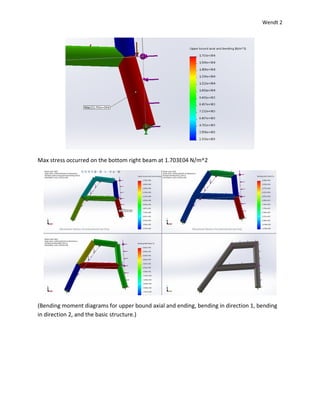 Wendt 2
Max stress occurred on the bottom right beam at 1.703E04 N/m^2
(Bending moment diagrams for upper bound axial and ending, bending in direction 1, bending
in direction 2, and the basic structure.)
 